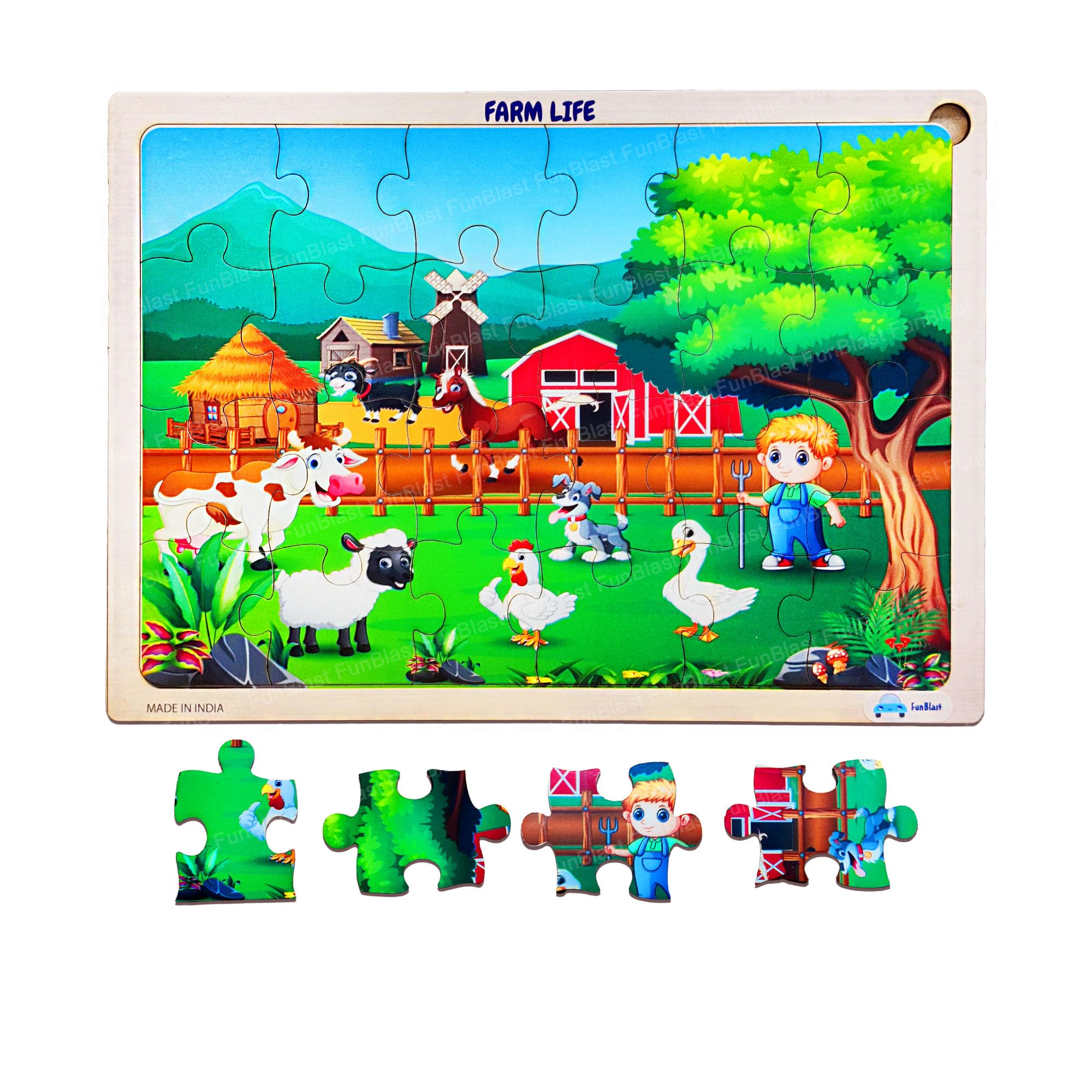 FunBlast 24-Piece Farm Life Wooden Jigsaw Puzzle for Kids Ages 3-5 - Educational Learning Toys for Toddlers, Floor & Tabletop Puzzle Games for Preschool Classroom or Home Playtime