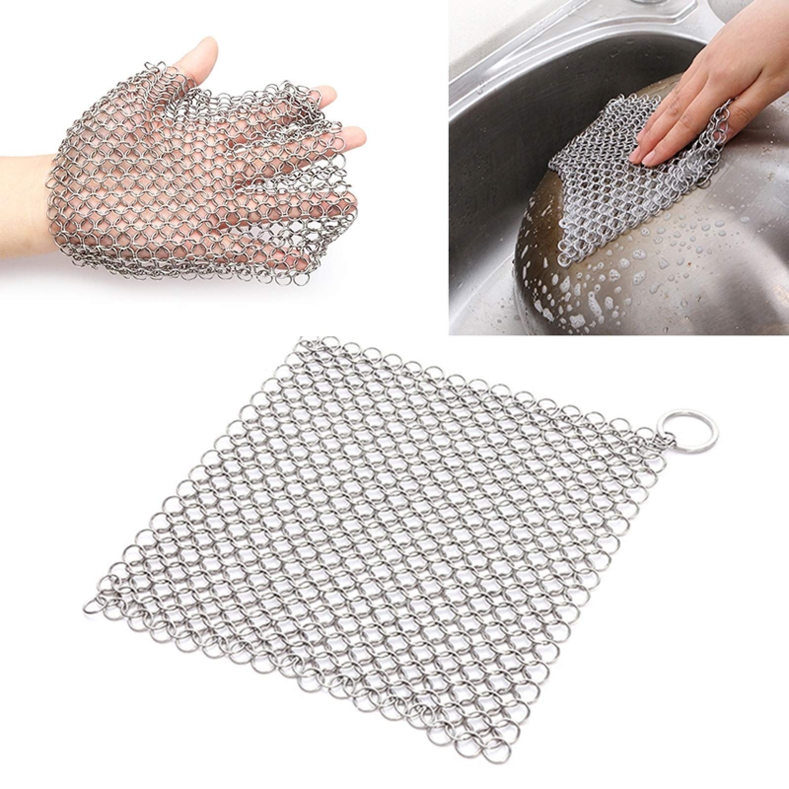 QSCVDEA Cast Iron Cleaner & Stainless Steel Scrubber - 8×8 Inch Chainmail Scourer for Pots, Pans & Bakeware | Heavy-Duty Cleaning for Grill Grates, Dutch Ovens & Rust Removal