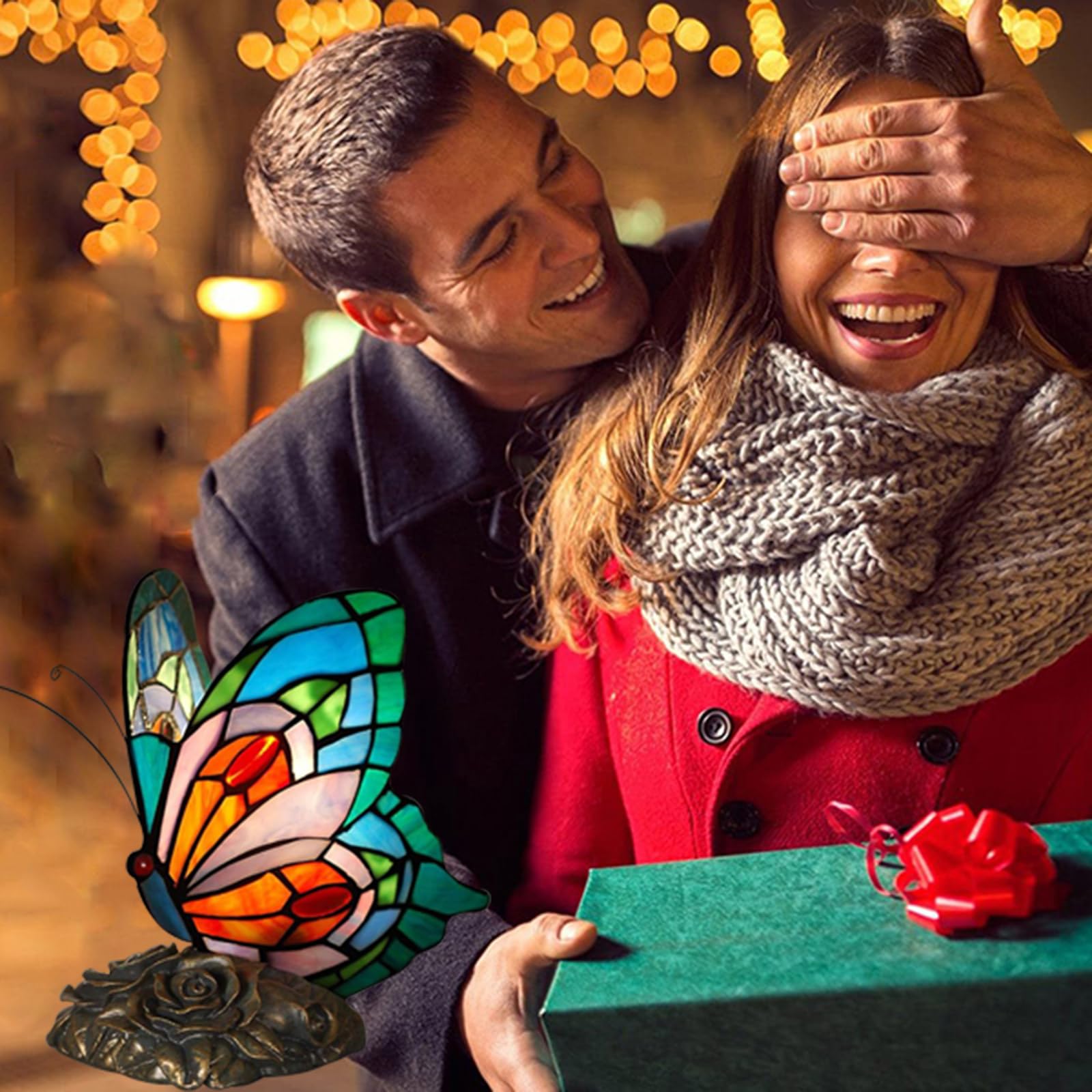 Tiffany Blue LED Table Lamp with Stained Glass Shade - Butterfly Fairy Nightstand Lamp for Bedroom, Office & Living Room | Touch On/Off Switch, Perfect Night Light & Gift for Girls, Grandma & Mother's Day (Includes Gift Box)
