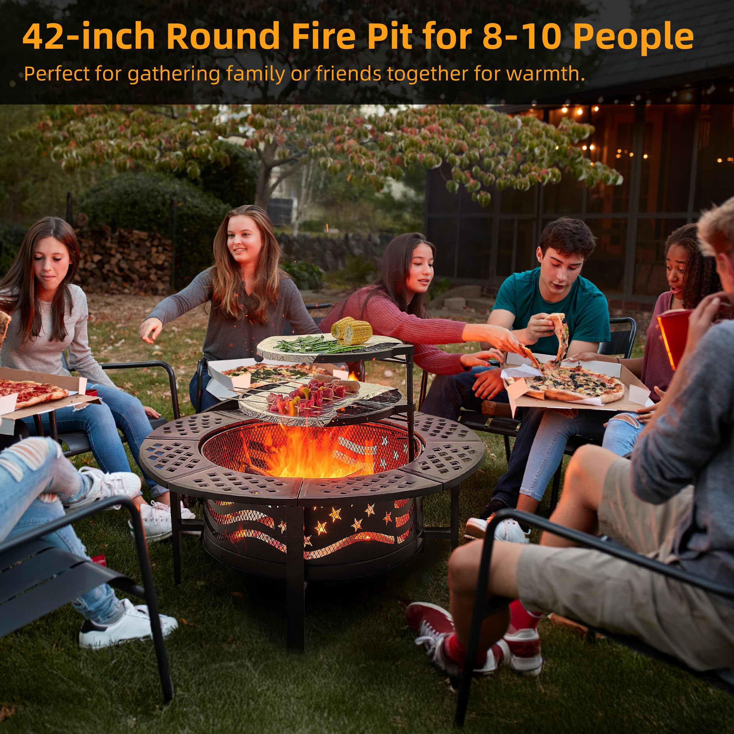 PrimeZone 42 Inch Large Outdoor Fire Pit with 2 Grills & Cover - Heavy Duty Steel Wood Burning Fire Pit for Backyard, Patio, Camping - Perfect for Bonfires, Picnics, and Outdoor Gatherings