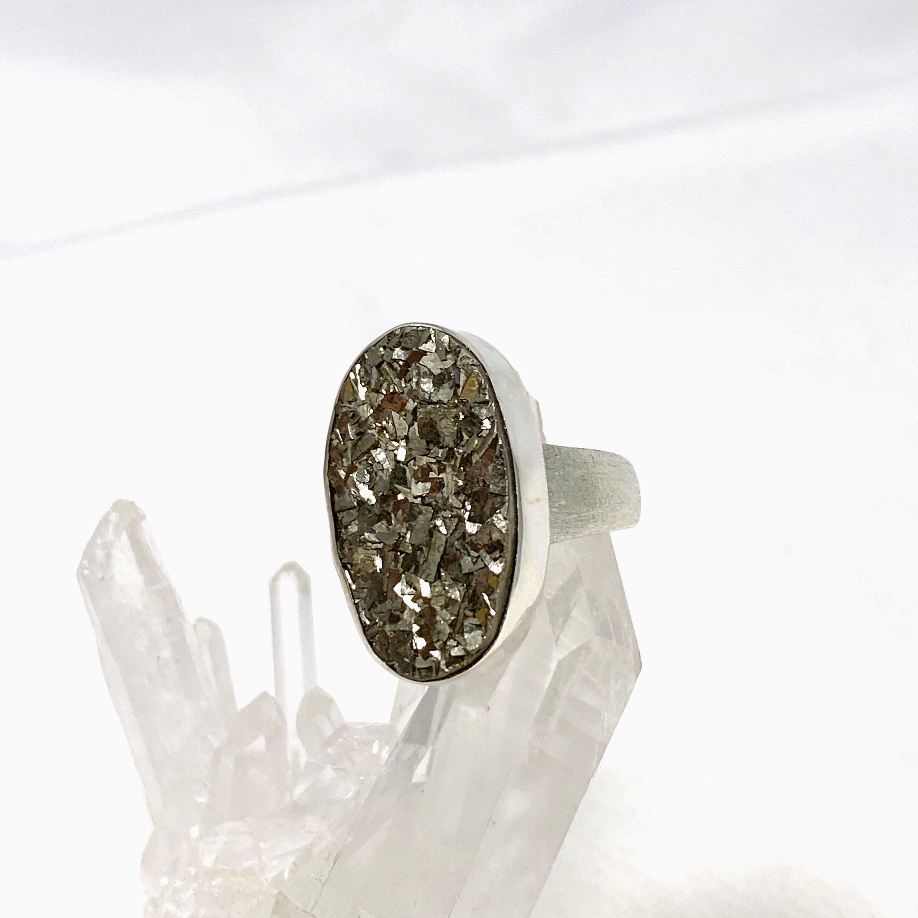 Natural Pyrite Raw Stone Oval Ring with Brushed Silver Band - Size 8 - KRGJ3193 - Perfect for Boho Jewelry, Spiritual Healing & Everyday Fashion Accessories