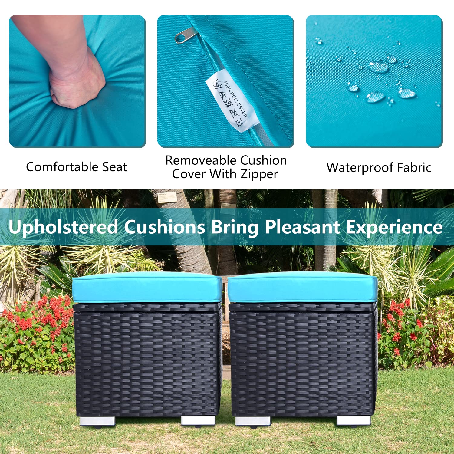 2-Piece Outdoor Rattan Ottoman Set with Storage & Removable Cushion - Waterproof Wicker Footstool for Patio, Balcony, Poolside - Perfect for Relaxing in Backyard, Garden or Living Room (Black)