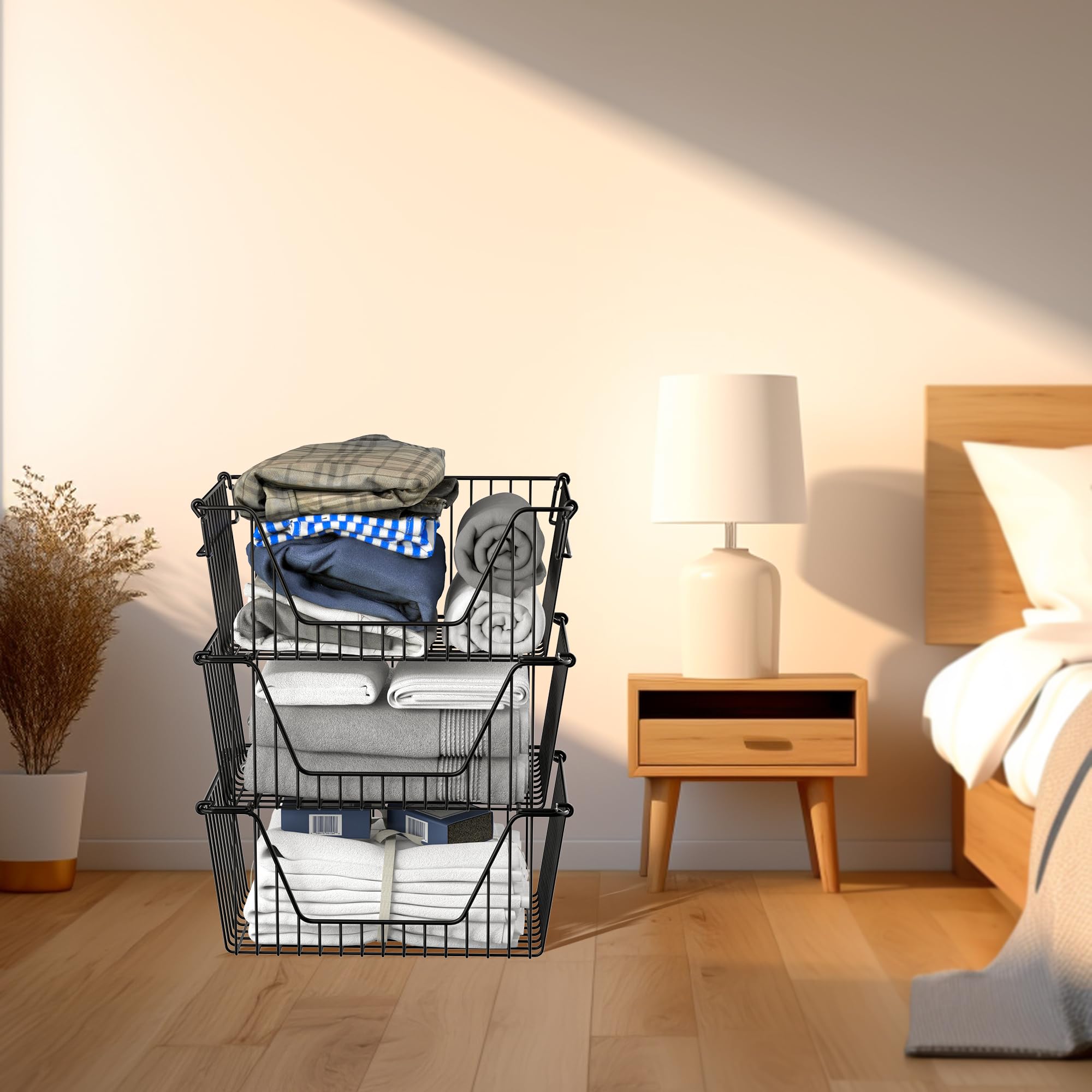 SANNO 6-Pack Stackable Wire Baskets - Black Organizing Bins for Vegetables, Pantry, Fridge & Bathroom Storage - Space-Saving Home & Kitchen Organization Solution