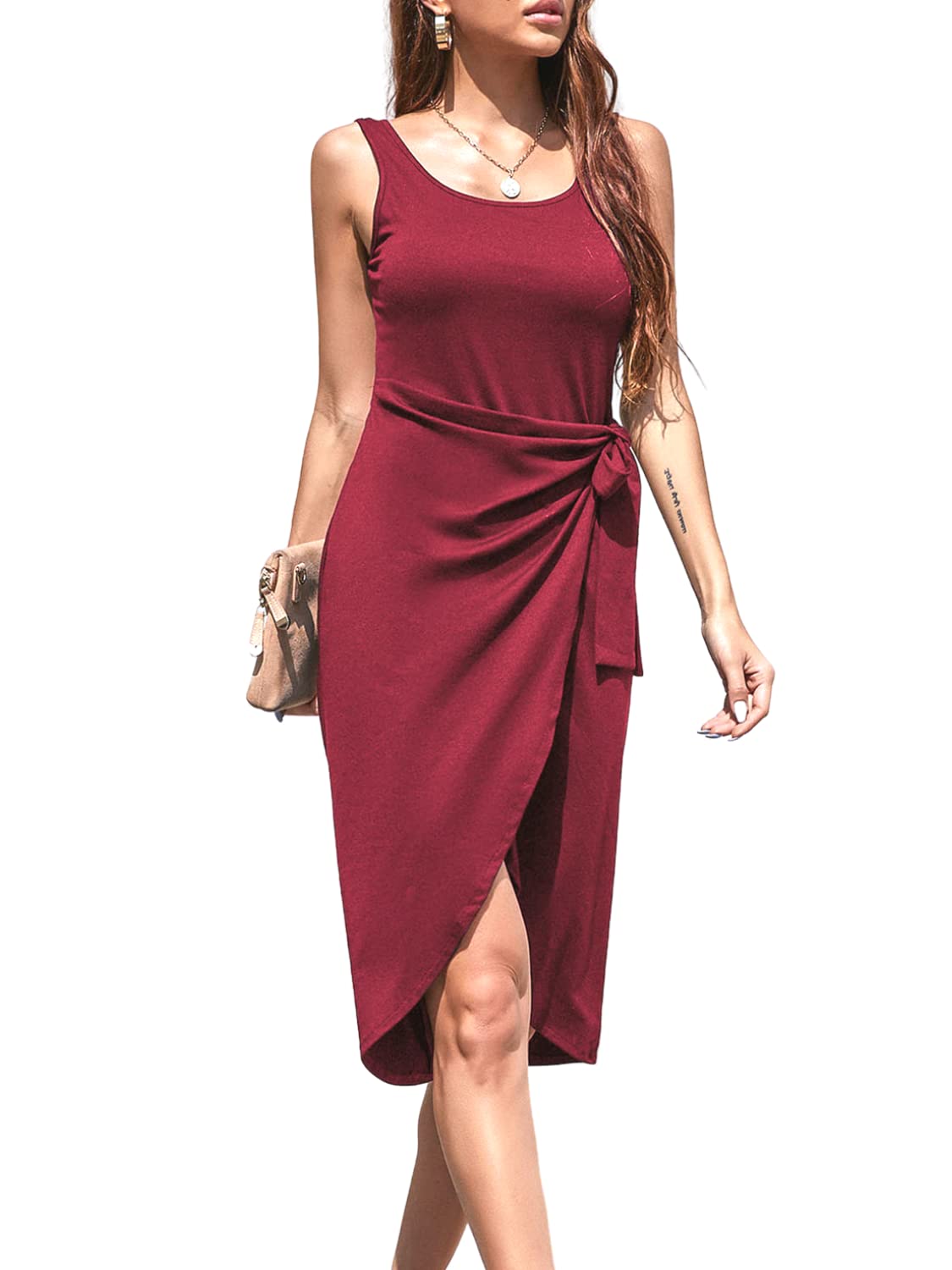 LERENSHA Women's Summer Sleeveless Bodycon Dress - Solid Color Tank Dress with Crewneck, Slit & Tie Belt - Sexy Tight T-Shirt Dress for Night Out, Party & Date Night