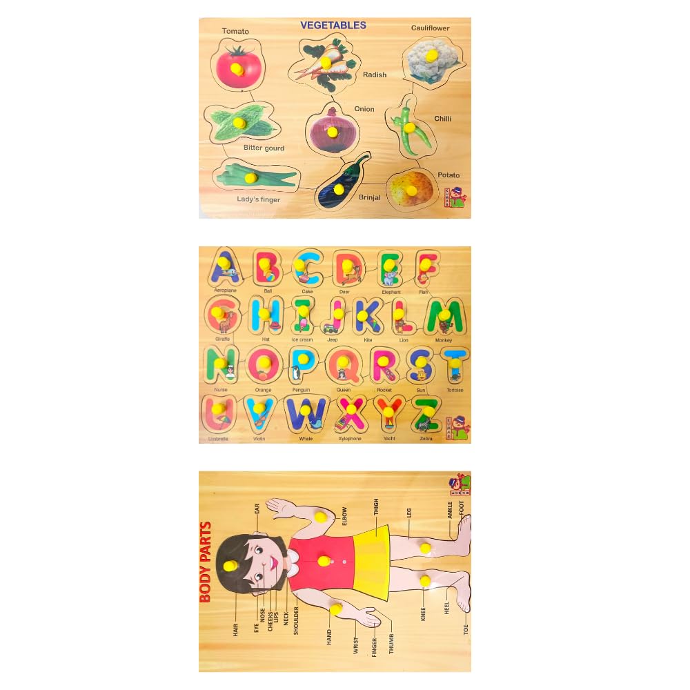 **Educational Wooden Learning Boards & Puzzles for Kids 3+ & Adults - Alphabet, Animals, Fruits, Vegetables, Body Parts - Montessori Toys for Early Childhood Development - Perfect for Homeschooling & Family Game Night**