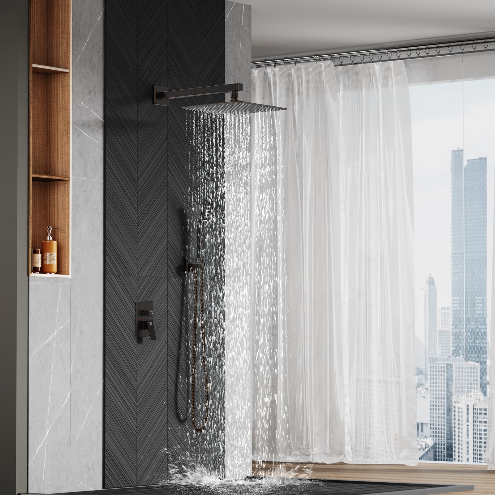 SR SUN RISE ORB 10 Inch Square Rainfall Shower Head and Handle Set - Wall Mounted Shower Fixtures with Metal Faucet Trim Repair Kit (Includes Shower Valve) - Perfect for Bathroom Renovation and Luxury Spa Experience