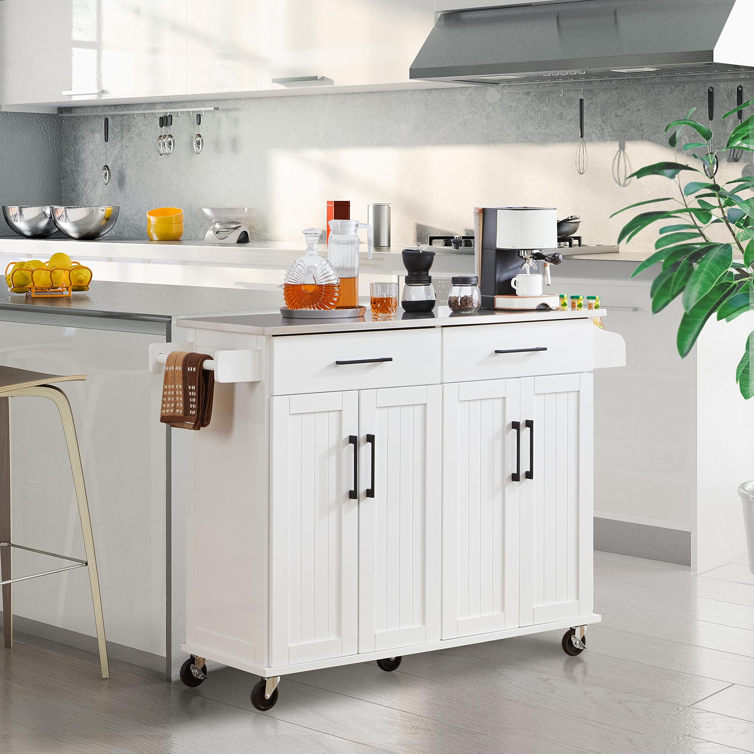 Yaheetech White Kitchen Island Cart with Stainless Steel Countertop, Portable Rolling Cabinet with Adjustable Shelves & 2 Drawers, Perfect for Small Kitchens, Dining Rooms, and Home Office Storage