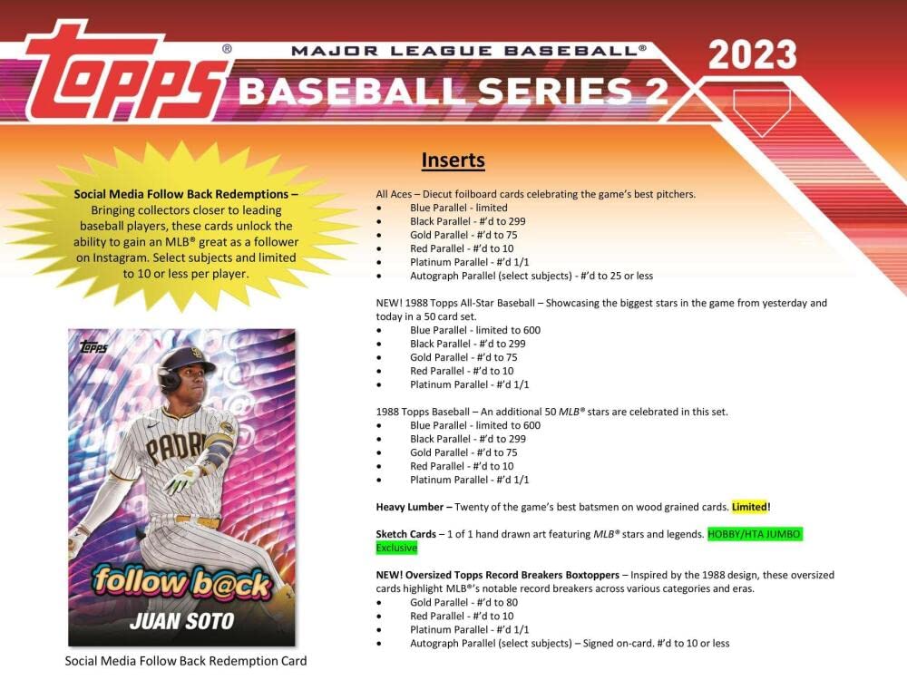 2023 Topps Series 2 Baseball Jumbo Box - 10 Packs/46 Cards with 1 Autograph, 2 Relics & 2 Silver Packs | MLB Trading Cards Collection for Collectors & Fans | Perfect for Sports Memorabilia Displays & Fantasy Baseball Enthusiasts