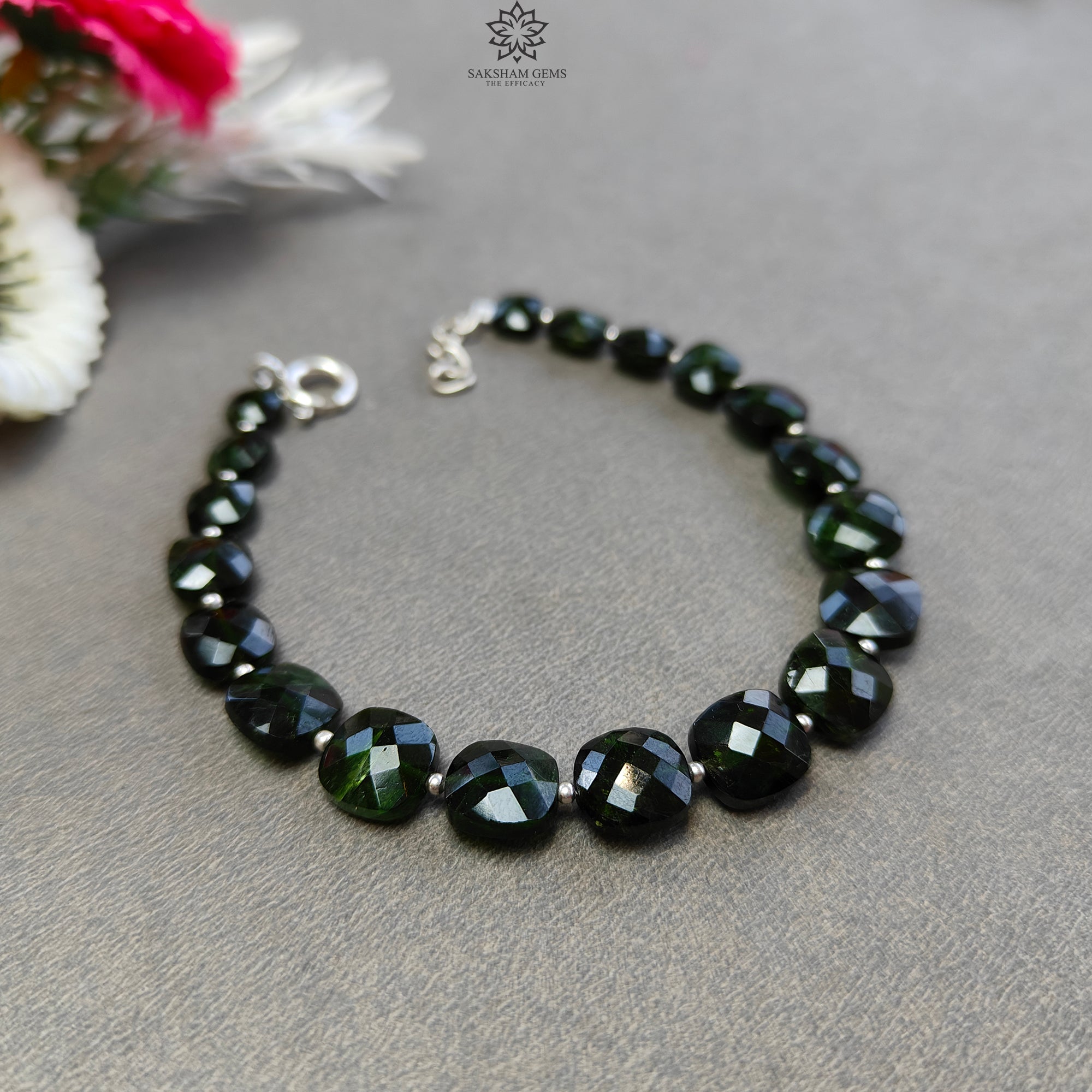Chrome Diopside Gemstone Beads Bracelet - 8mm Green Checker Cut Beads with 925 Sterling Silver - 11.59gms Healing Crystal Jewelry for Meditation, Yoga & Spiritual Energy Balancing