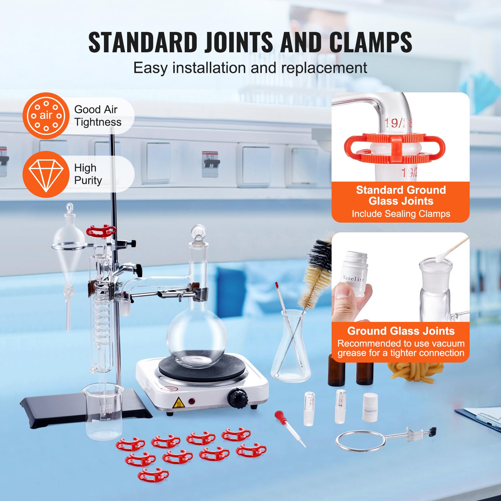 VEVOR 500ml Essential Oil Distillation Kit - 3.3 Boro Lab Glassware Set with 1000W Heating Plate & 24/40 Joint (33pcs) for Aromatherapy, Herbal Extracts & DIY Essential Oils at Home