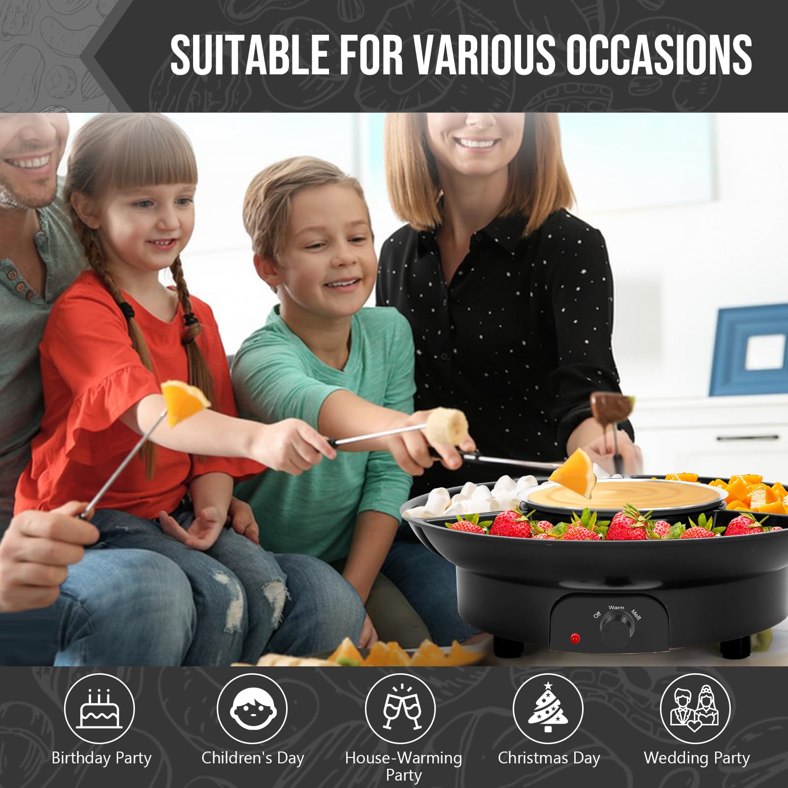 Electric Chocolate Fondue Pot Set with 3-Section Serving Tray & 6 Dipping Forks - Perfect for Christmas, Housewarming Gifts & Party Desserts (Black) - Ideal for Valentine's Day, Family Gatherings & Romantic Dinners