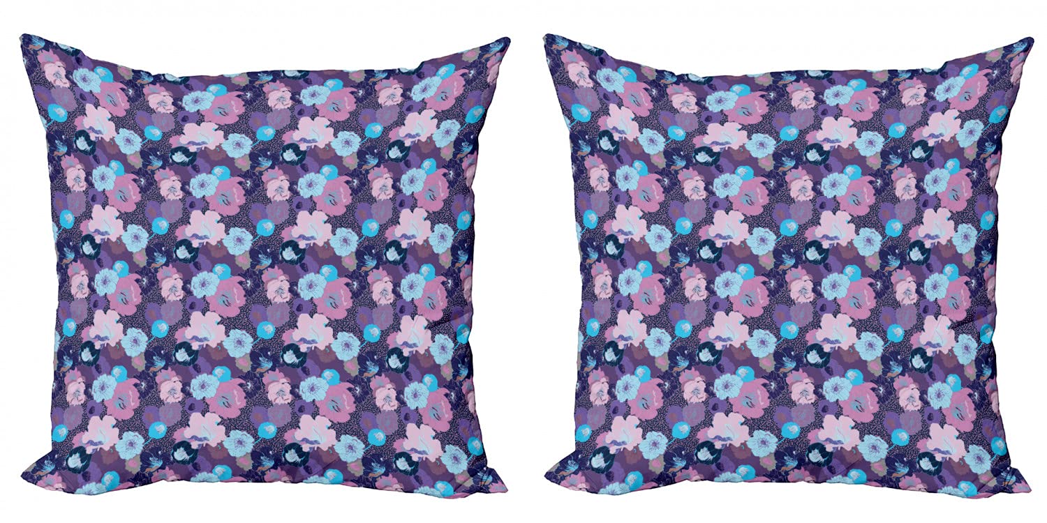 Ambesonne Floral Decorative Throw Pillow Covers Pack of 2 | Fantasy Peonies Hibiscus Tulips Tropical Meadow Design | 20