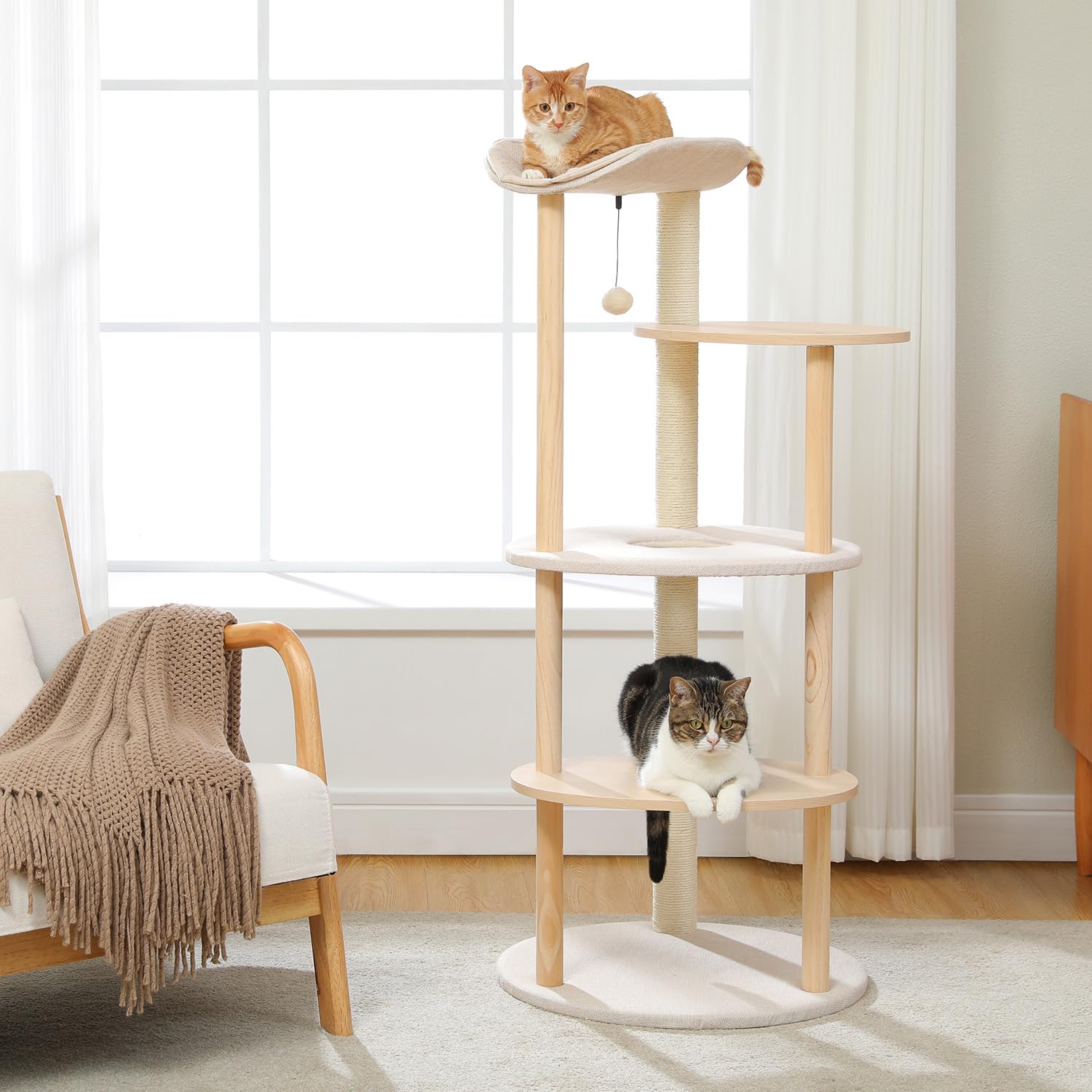 PAWZ 5-Level Modern Cat Tree for Large Indoor Cats - Sturdy Wood Cat Tower with Scratching Posts, Beige - Perfect for Play, Climbing & Relaxation in Living Rooms & Bedrooms