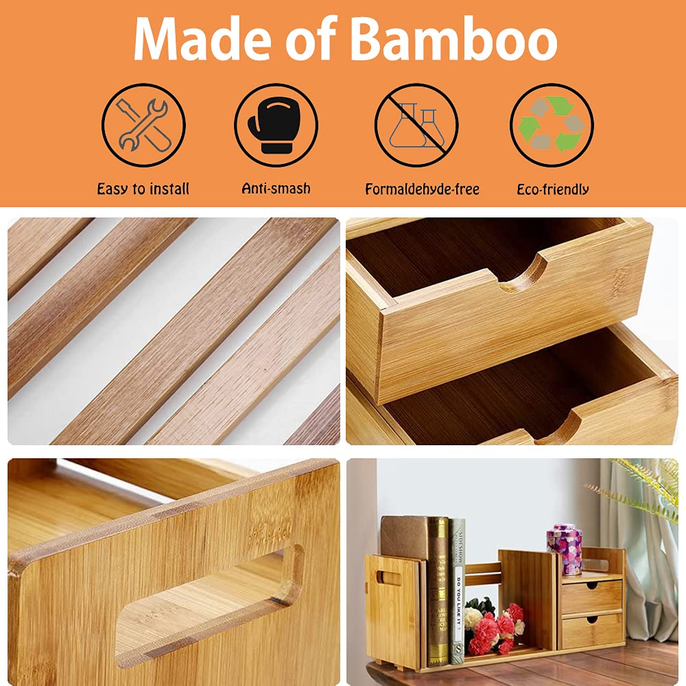 Catekro 6-Tier Bamboo Desktop Organizer with 2 Drawers - Wooden Office Desk Storage for Pens, Notepads, Stationery & Documents - Perfect for Home Office Organization & Workspace Decluttering