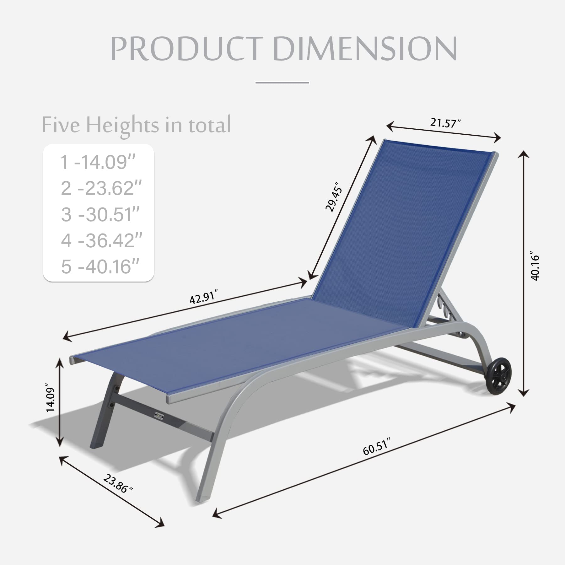 Domi Outdoor Chaise Lounge Set of 2 - Adjustable Poolside Lounge Chairs with Wheels & 5-Position Recline - Perfect for Patio, Beach, Yard, Deck & Backyard Relaxation | Blue Weather-Resistant Furniture for Sunbathing & Outdoor Lounging
