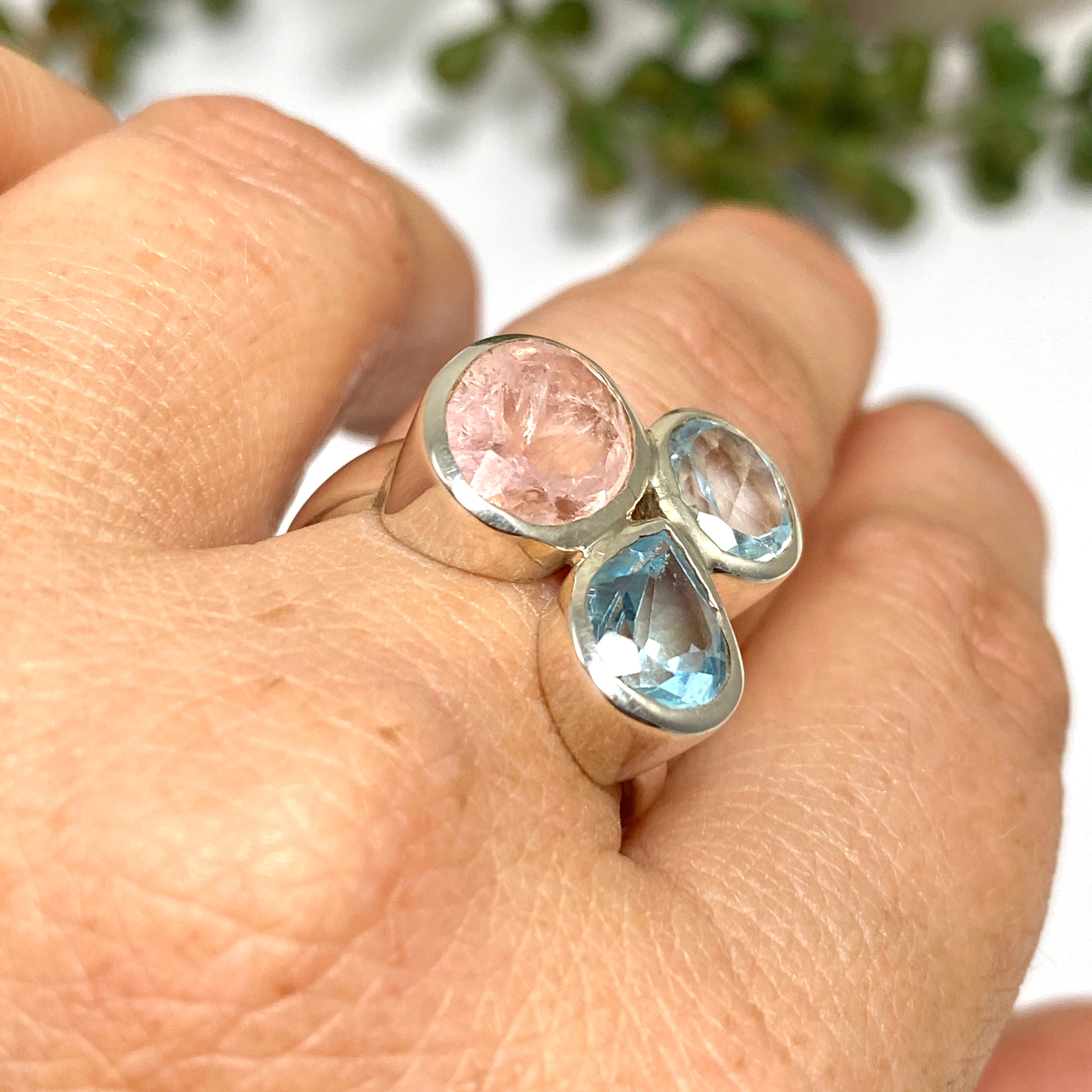 Morganite & Blue Topaz Faceted Multi-Stone Ring - Size 7.5 - PRGJ619 - Perfect for Engagement, Anniversary & Special Occasion Gifts