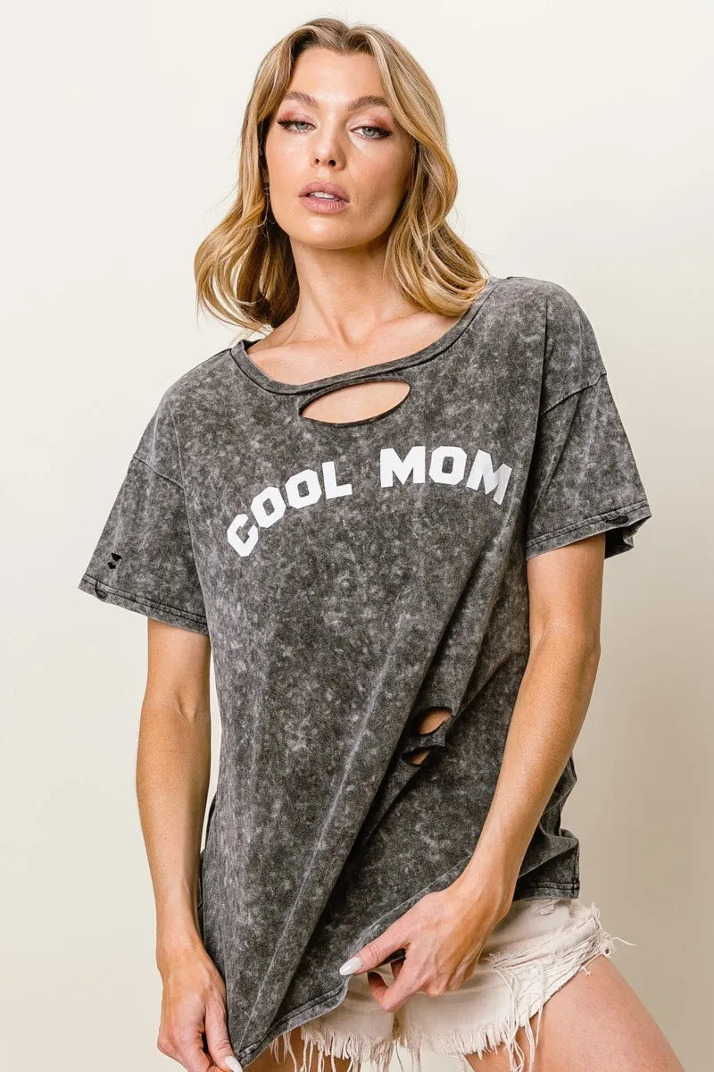 Stylish BiBi Washed Laser Cut Detail Cool Mom Print Top - Trendy Women's Casual T-Shirt for Everyday Wear, Outings & Family Gatherings
