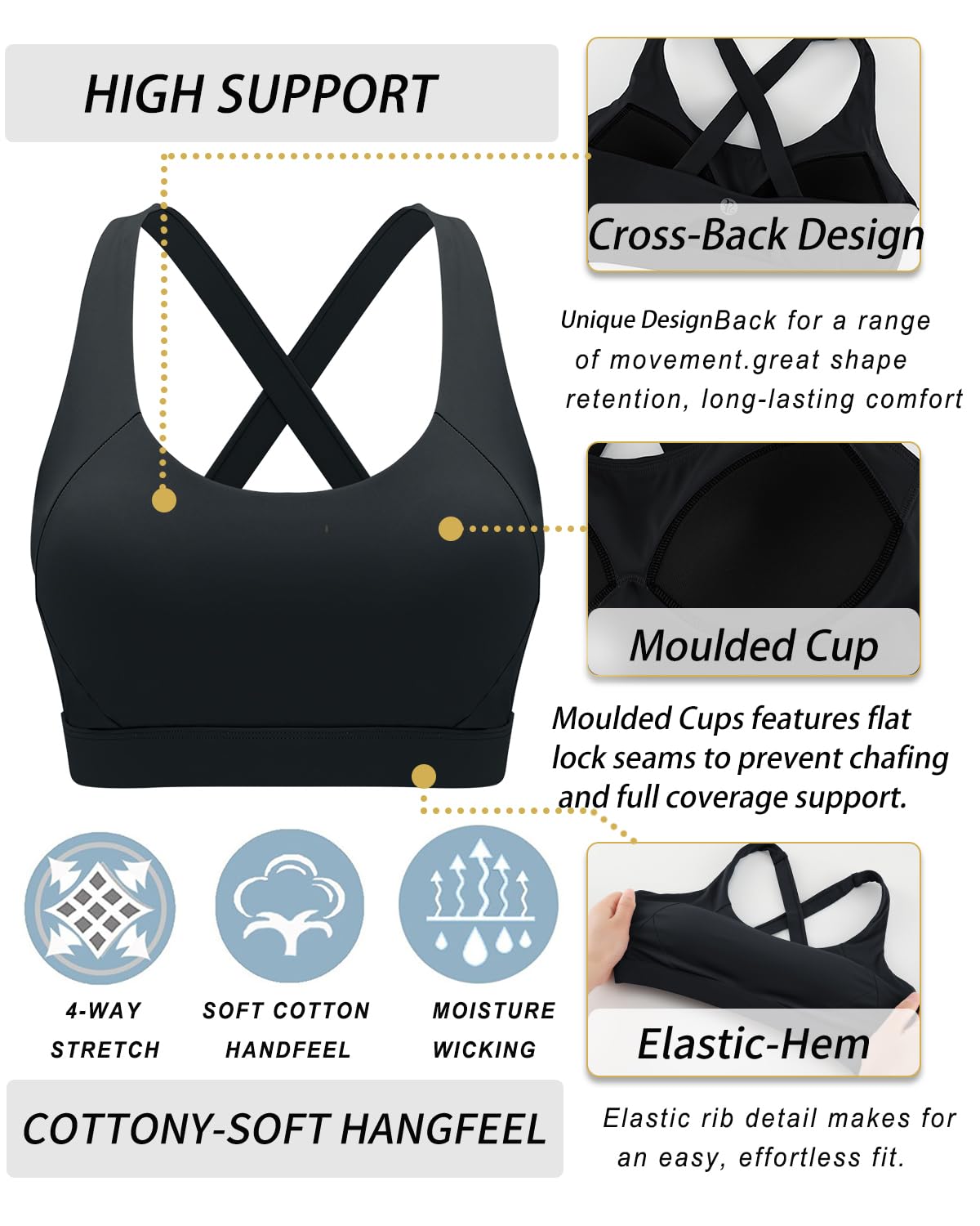 High Support Women's Running Sports Bra - Molded Cup Strappy Workout Bra for Jogging, Gym & Active Lifestyle