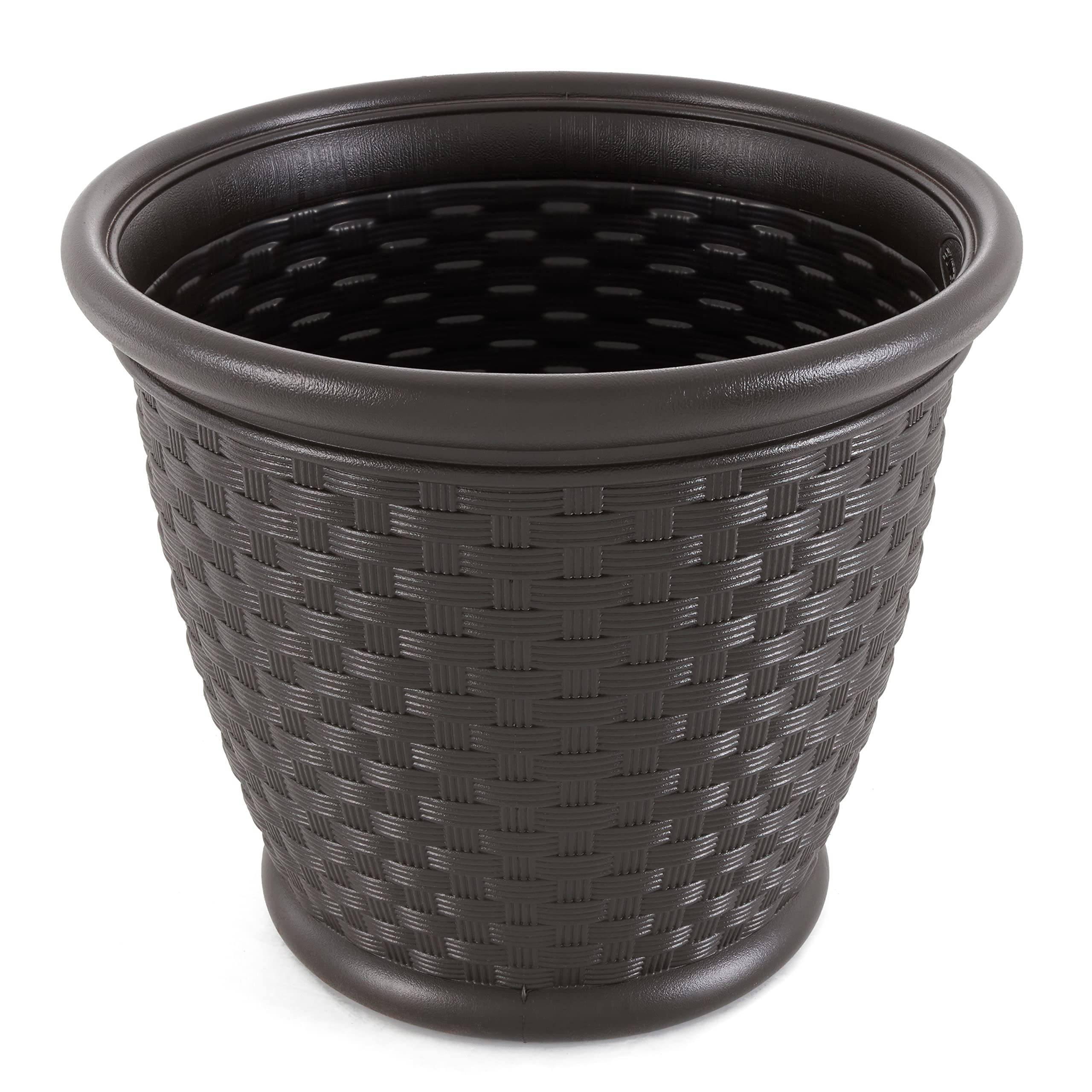 Suncast Sonora 18 Inch Brown Plastic Wicker Decorative Garden Flower Planter Pots - 4 Pack for Indoor Outdoor Use in Backyard, Patio, Balcony & Home Decor