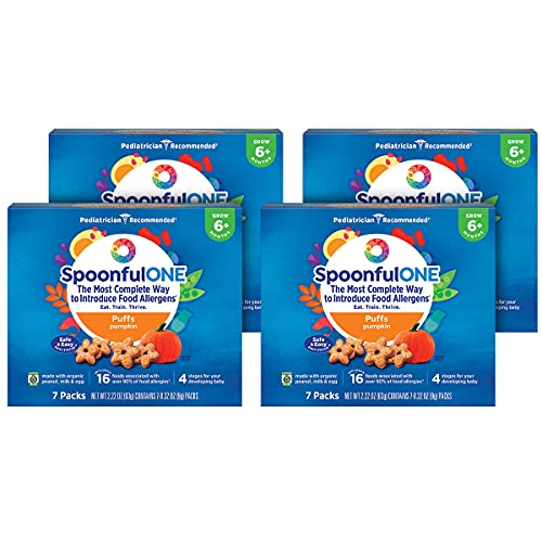 Organic SpoonfulONE Early Allergen Introduction Puffs - Smart Baby Snack for Infants 6+ Months | Certified Organic Pumpkin Flavor (28 Pack) | Perfect for On-the-Go Feeding & Allergy Prevention