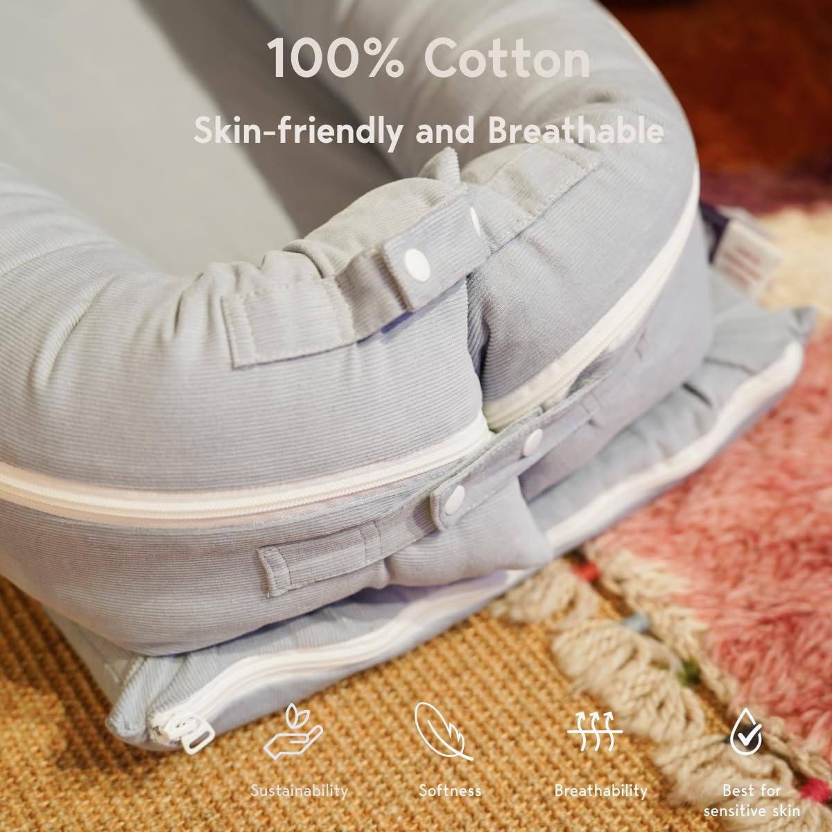 Premium Baby Lounger & Infant Nest Cover - 100% Cotton Portable Travel Bed for Newborns 0-12 Months | Soft Corduroy Fabric in Neutral Gainsboro | Perfect for Nursery, Travel & Co-Sleeping
