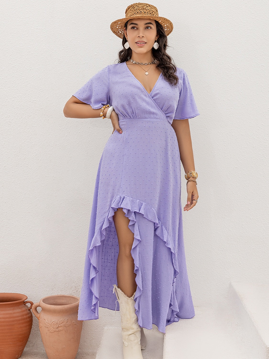 Plus Size Lavender Swiss Dot Midi Dress for Women - Flowy Summer Vacation Dress with Puff Sleeves - Perfect for Beach Getaways, Garden Parties & Brunch Dates