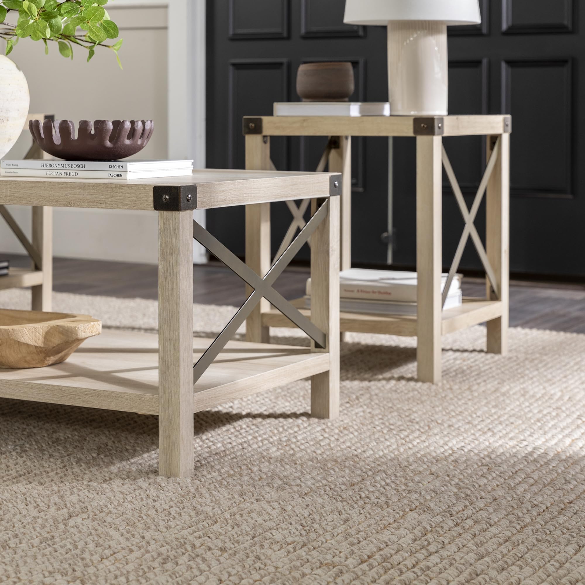 Walker Edison Sedalia Modern Farmhouse 3-Piece Metal-X Side and Coffee Table Set - White Oak Finish - Living Room Furniture for Farmhouse, Rustic & Industrial Decor (3-Pack)