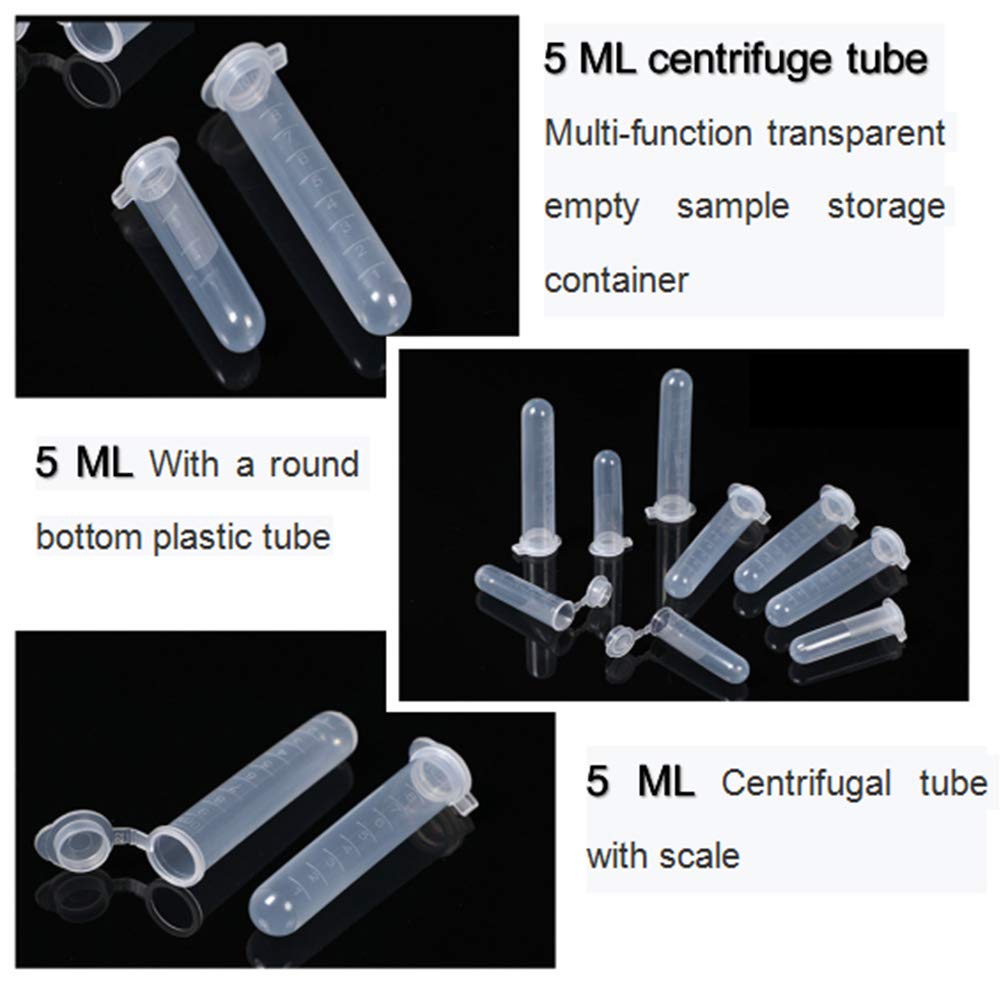 AKOAK 100-Pack 5ml Plastic Centrifugal Tubes with Graduated Markings, Round Bottom, Clear Transparent - Leak-Proof Sample Storage Containers for Lab, Science Experiments & DIY Beauty Products