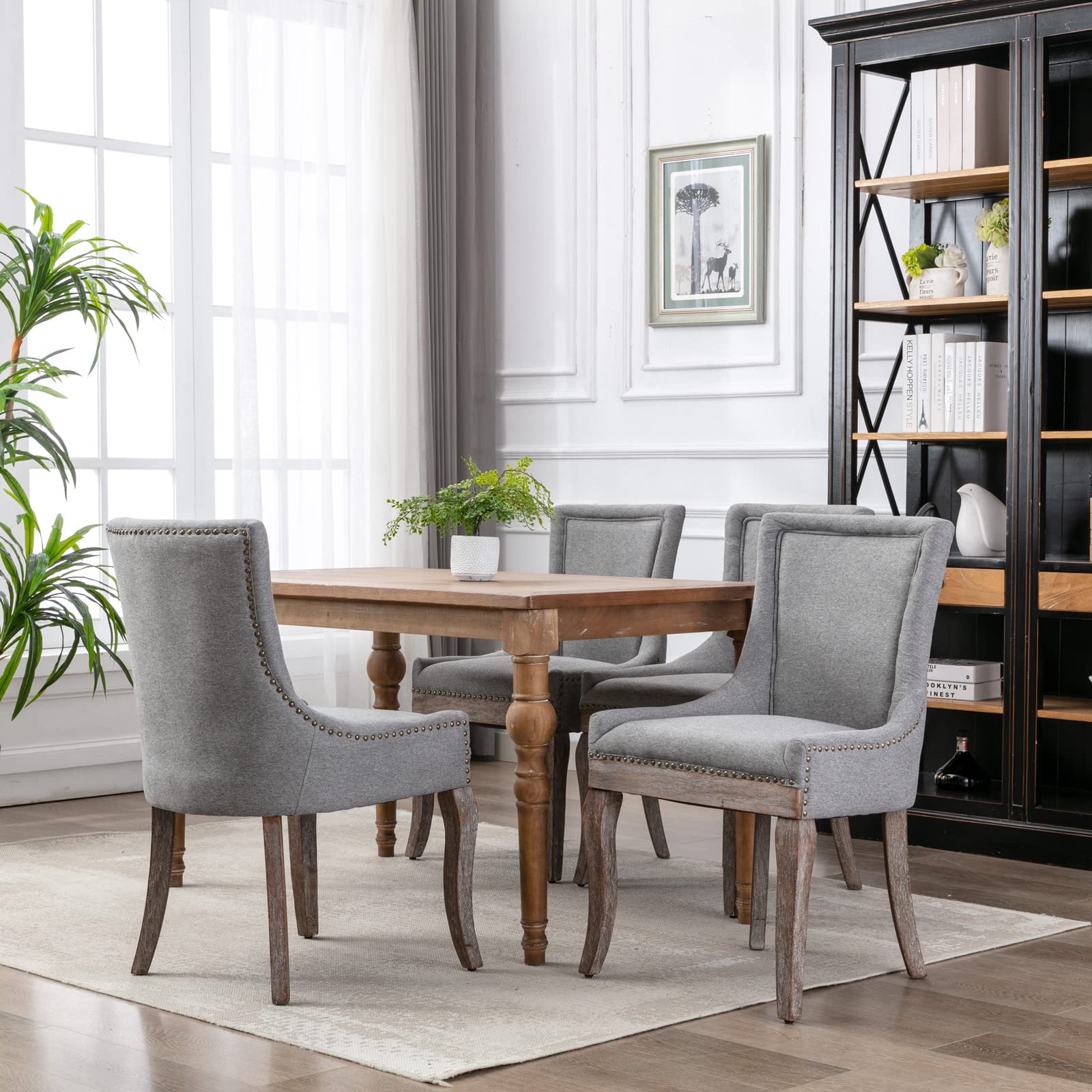 Set of 2 Retro Upholstered Dining Chairs with Solid Wood Legs & Bronze Nailhead Trim - Mid Century Modern Accent Chairs for Dining Room, Living Room or Restaurant Decor (Grey)