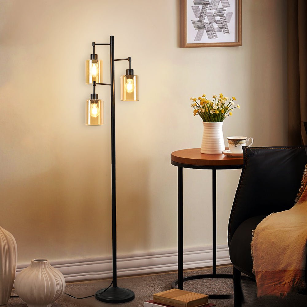 Depuley 3-Light Farmhouse Tree Floor Lamp with Amber Glass Shade - Rustic Industrial Standing LED Light for Living Room, Bedroom & Office - Tall Black Pole Floor Lamp with E26 Bulbs Included - Perfect for Reading Nook, Cozy Corner & Home Decor