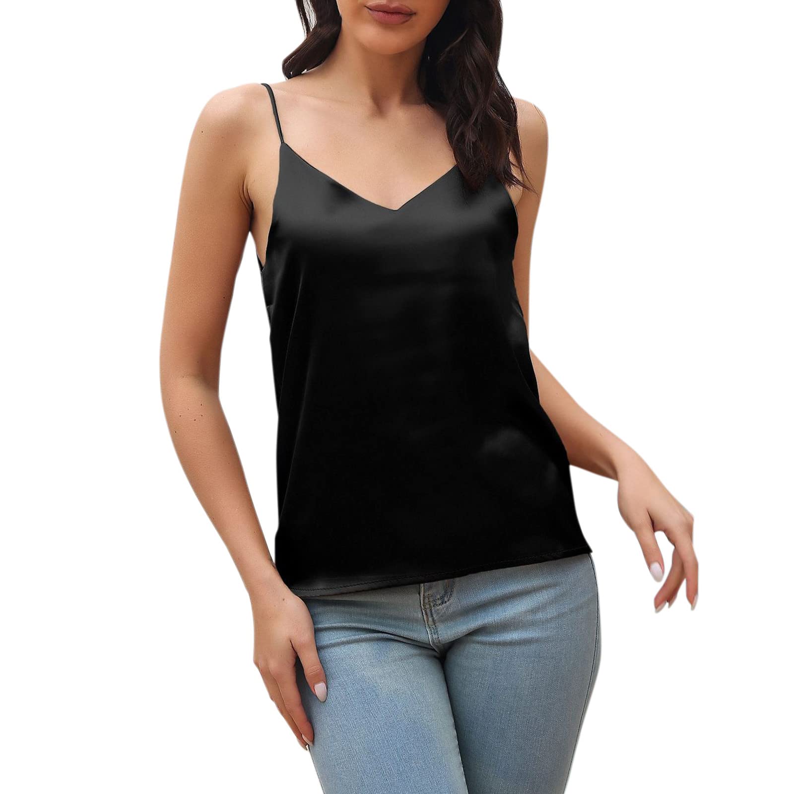 Women's Silk Satin Camisole Top - Soft V-Neck Solid Color Tank Top for Women (Black, XL) | Perfect for Layering, Evening Wear & Summer Outfits