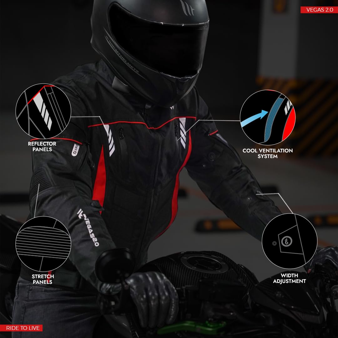 WD Men's CE Armored Motorcycle Jacket - Breathable Cordura Fabric with Padding & Reflective Strips for Night Visibility | Vegas 2.0 Powersports Protective Gear (Red, 3XL) - Ideal for Street Riding, Commuting & Adventure Tours