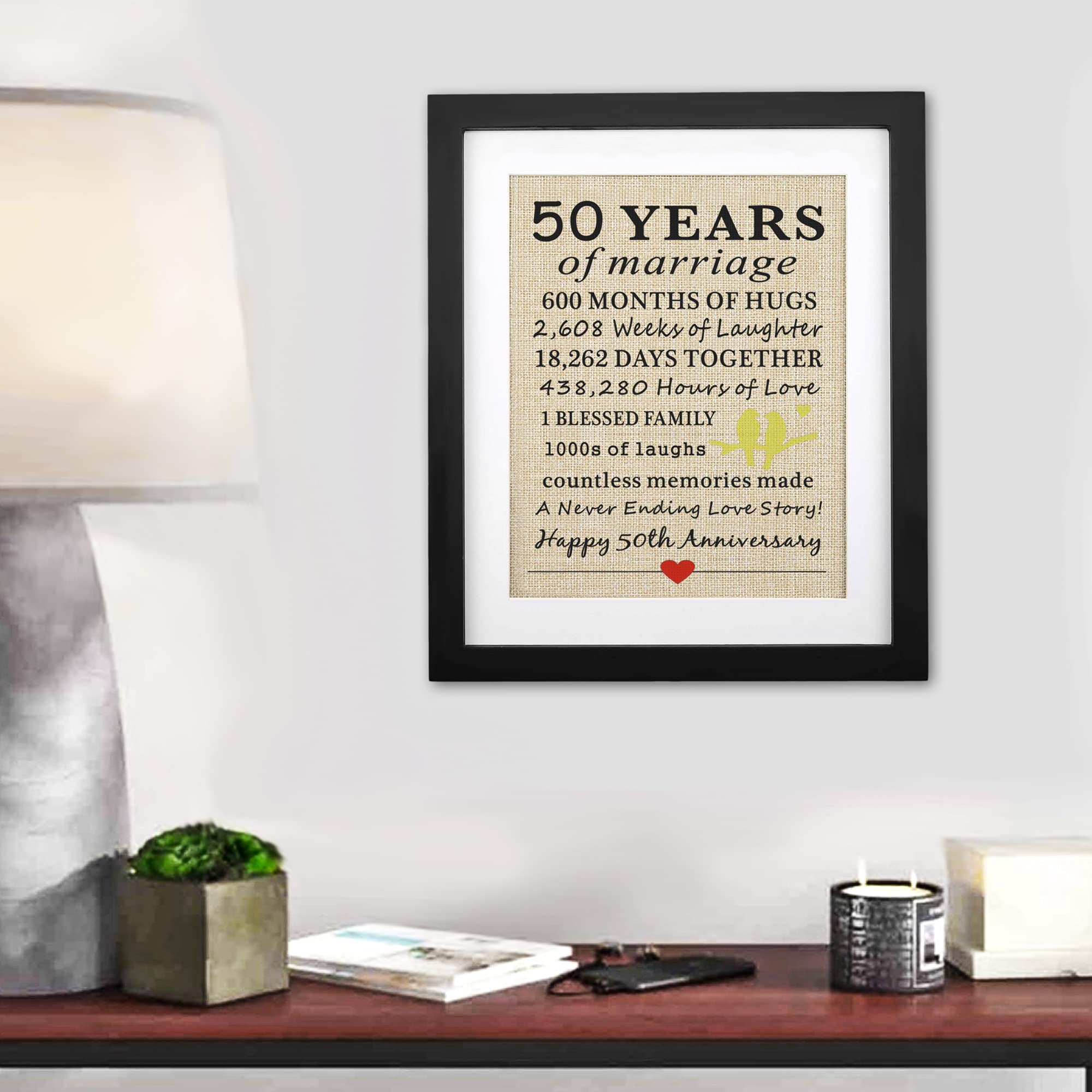 Corfara 50th Wedding Anniversary Burlap Print - Golden Anniversary Gift for Parents & Grandparents - Framed Decor for Couples' 50 Years of Marriage Celebration - Perfect for Home, Office & Anniversary Party Decorations