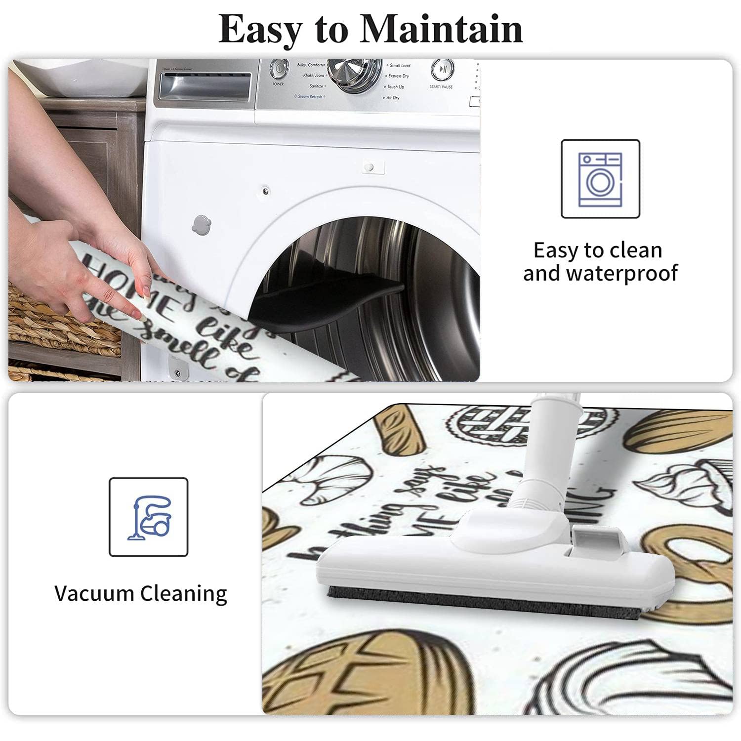 Non-Slip Washable Kitchen Rugs Set - Hand Drawn Bakery Elements & Typography Floor Mat, Anti-Fatigue Standing Mat for Kitchen, Bathroom, Entryway Decor - Perfect for Home, Bakery & Cafe Use