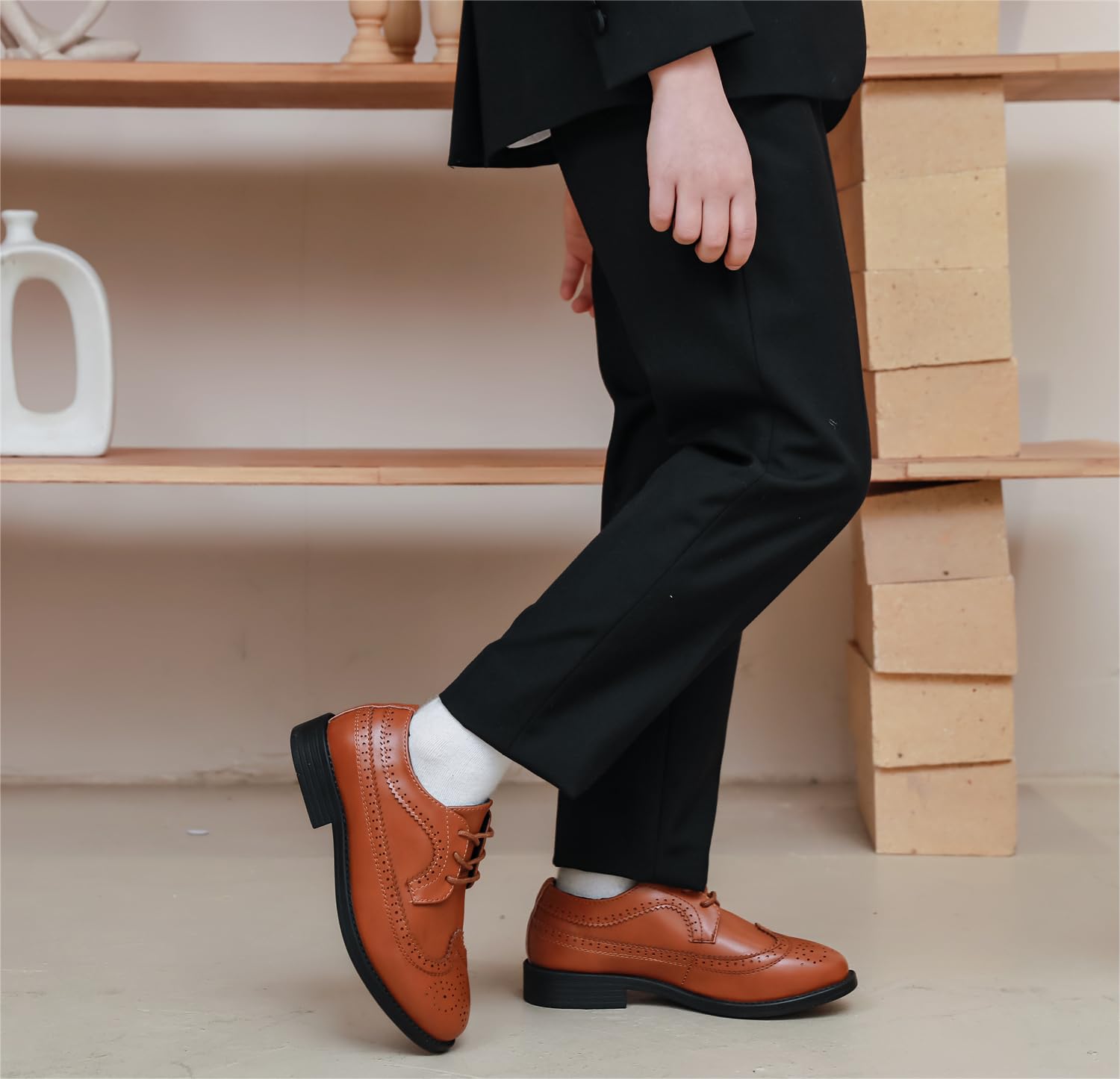 KKDOM Boys & Girls Oxford Dress Shoes - Wingtip Leather Lace-Up Formal Shoes for School, Church & Special Occasions