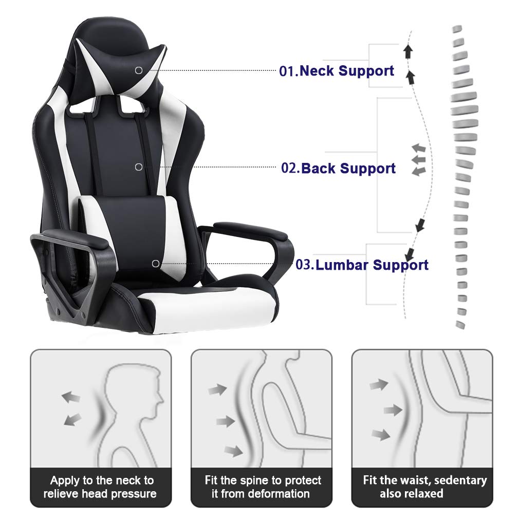 Best Ergonomic High-Back Gaming Chair for Office & PC - PU Leather Racing Style Computer Desk Chair with Lumbar Support & Swivel Base - Ideal for Back Pain Relief, Long Work Hours & Gaming Sessions - White Executive Rolling Task Chair for Men & Women