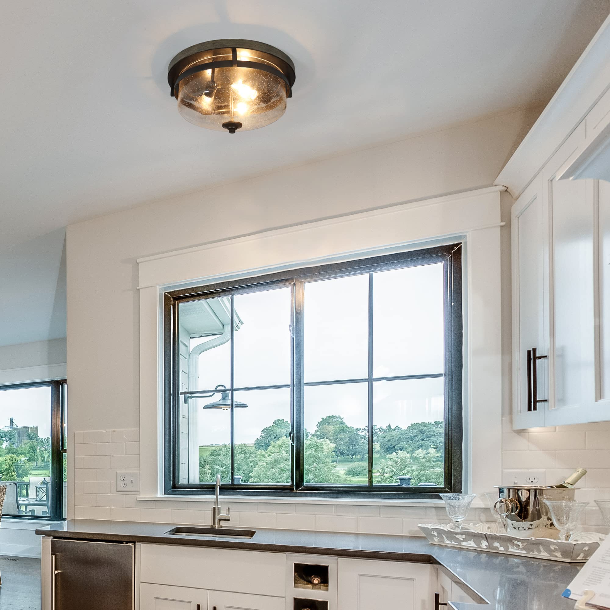 Farmhouse Flush Mount Ceiling Light Fixture - Faux Wood Finish & Seeded Glass Cover - 13.5