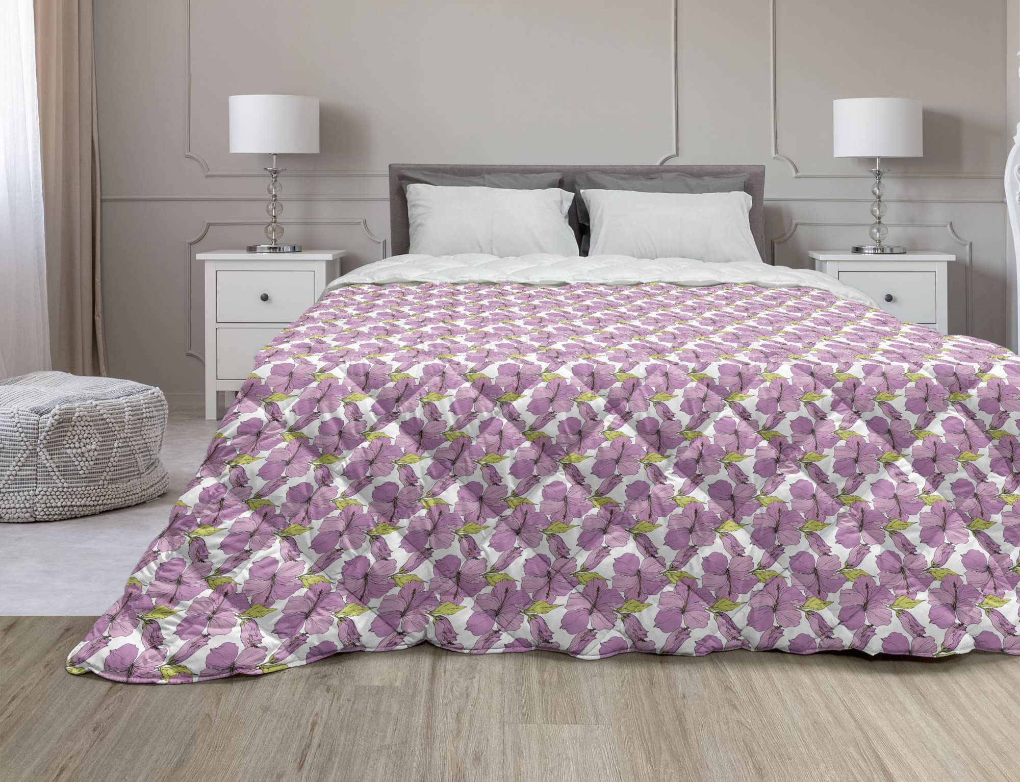 Ambesonne Violet Down Alternative Comforter - Exotic Botanical Floral Hibiscus Print Microfiber All-Season Quilt - Twin Size in Pale Purple & Apple Green - Perfect for Bedroom Decor, Guest Room & Cozy Home Styling