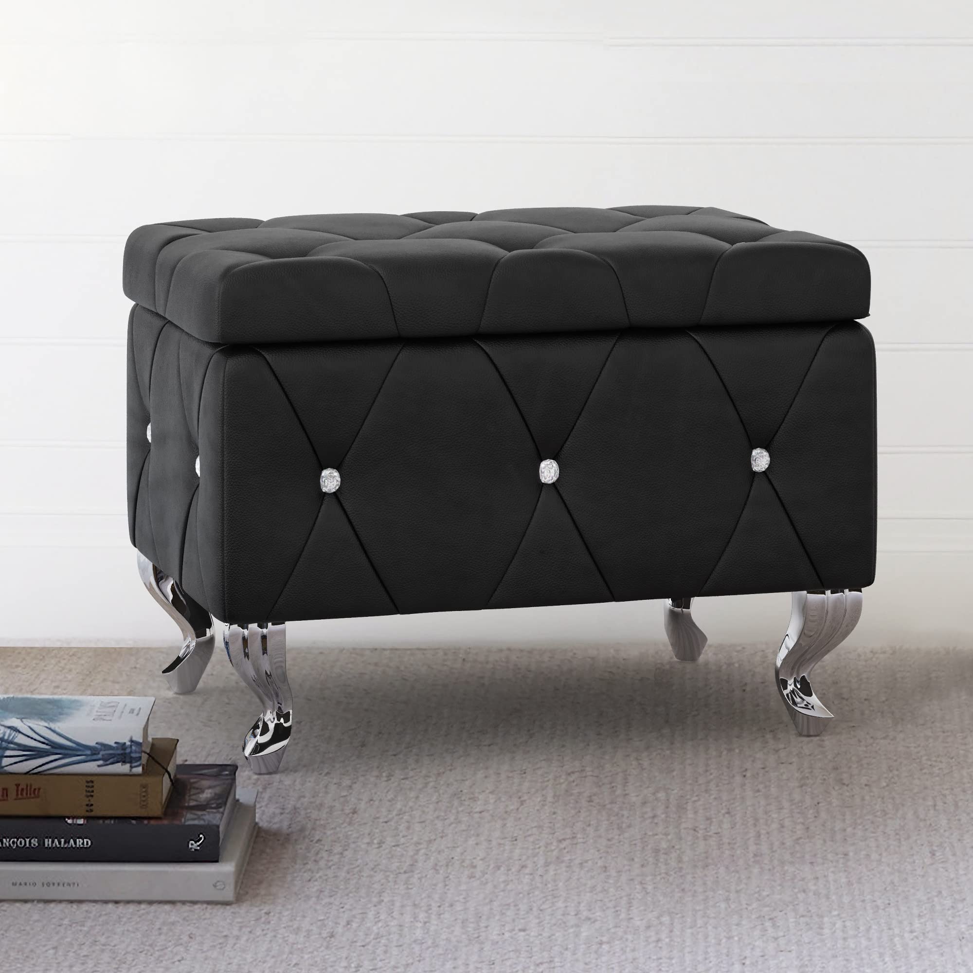LUE BONA Black Faux Leather Storage Ottoman Bench with Diamond Tufted Design, Upholstered Small Storage Seat for Living Room, Bedroom & Entryway - Perfect for Home Organization, Extra Seating & Stylish Decor