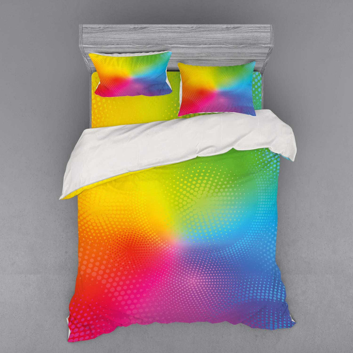 Ambesonne Rainbow Duvet Cover Set - Vibrant Neon Circles & Dots Design with Iridescent Effect, 4-Piece Queen Size Bedding Set with Shams & Fitted Sheet | Perfect for Modern Bedrooms, Guest Rooms & Dorm Decor