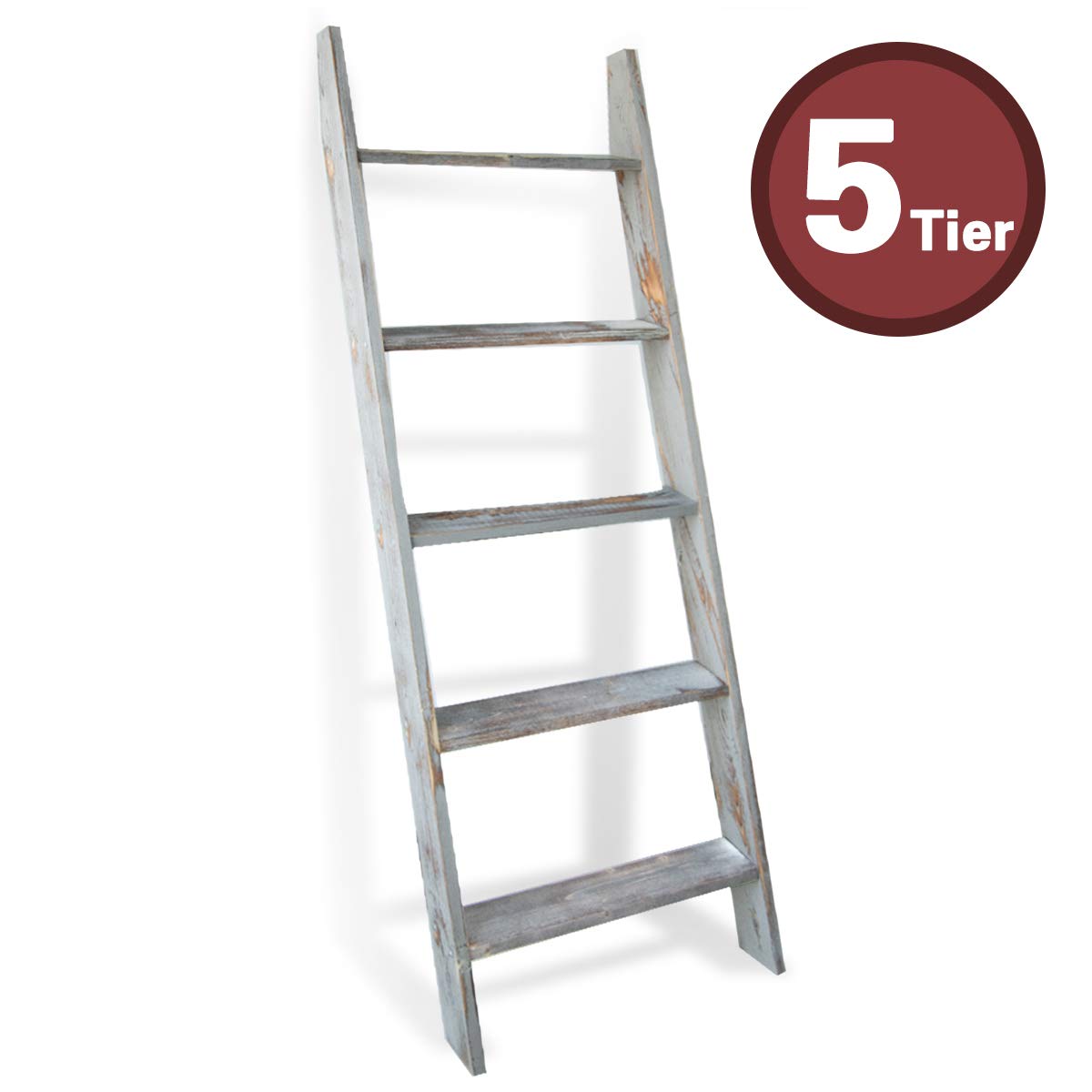 5-Tier Wooden Blanket Ladder for Living Room - Wall-Leaning Blanket Holder, Farmhouse Decor Ladder Shelf, Grey Quilt Rack | Perfect for Cozy Blanket Storage & Rustic Home Decor