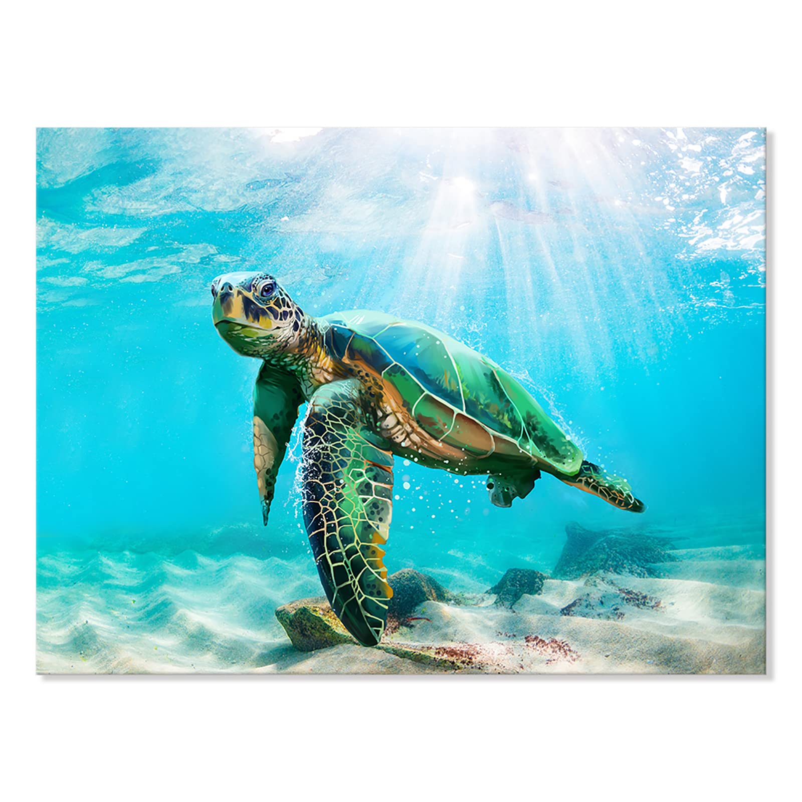 JAPO ART Green Sea Turtle Canvas Wall Art - Tropical Ocean Animal Painting in Teal Watercolor - Framed Sea Life Decor for Bathroom, Living Room, Bedroom | Perfect Gift for Hawaii & Florida Beach House Decor