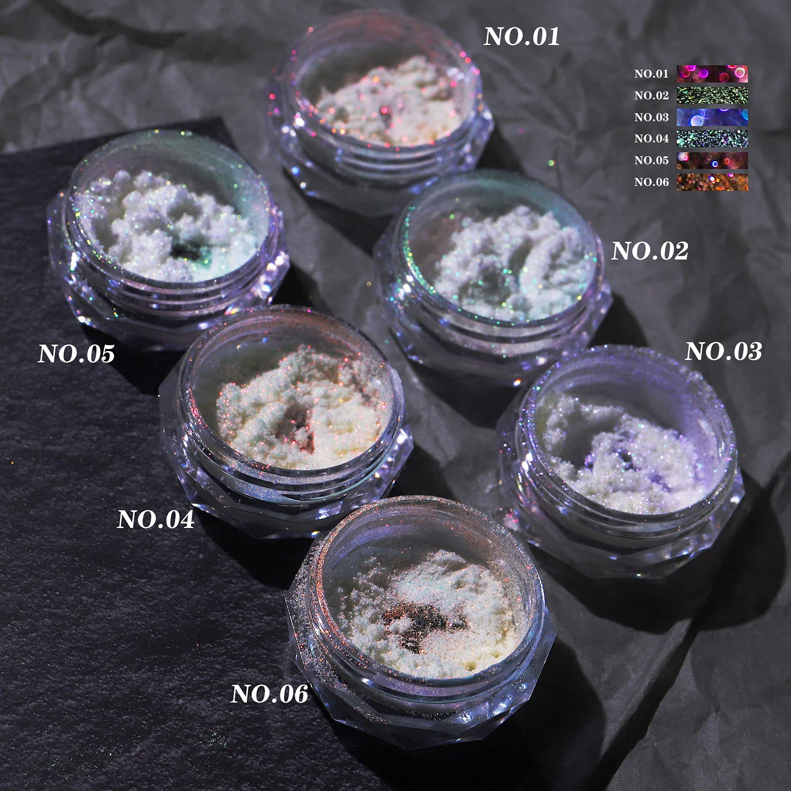Aurora Holographic Nail Powder - Neon Rainbow Chameleon Multi-Chrome Iridescent Pigment for Nail Art (6 Transparent Boxes) | Perfect for Gel Polish, Acrylic Nails & DIY Manicures