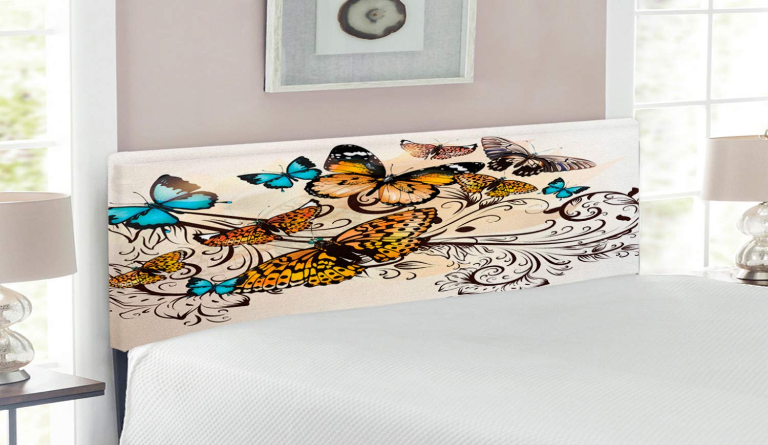 Ambesonne Vintage Monarch Butterfly Upholstered Headboard - Queen Size, Pale Brown & Sky Blue, Memory Foam Decorative Metal Bed Frame | Perfect for Bedroom Decor, Guest Rooms & Bohemian Style Homes