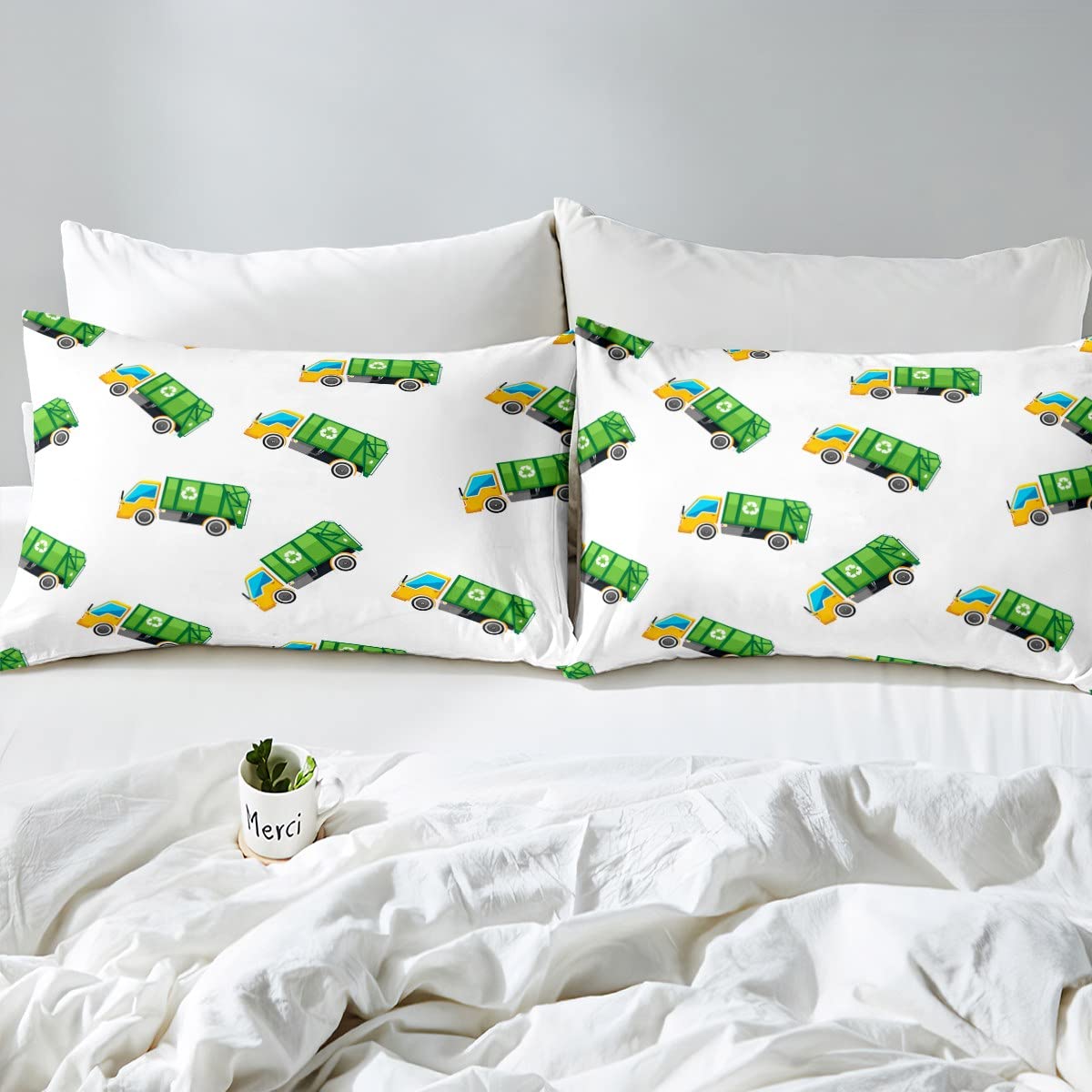 Kids Castle Fairy Green Car Bed Sheet Set - Garbage Truck Model Twin Size Sheets with Deep Pocket & Flat Sheet | Cartoon Vehicles Themed Bedding for Boys & Girls | Perfect for Kids' Rooms, Sleepovers & Themed Decor