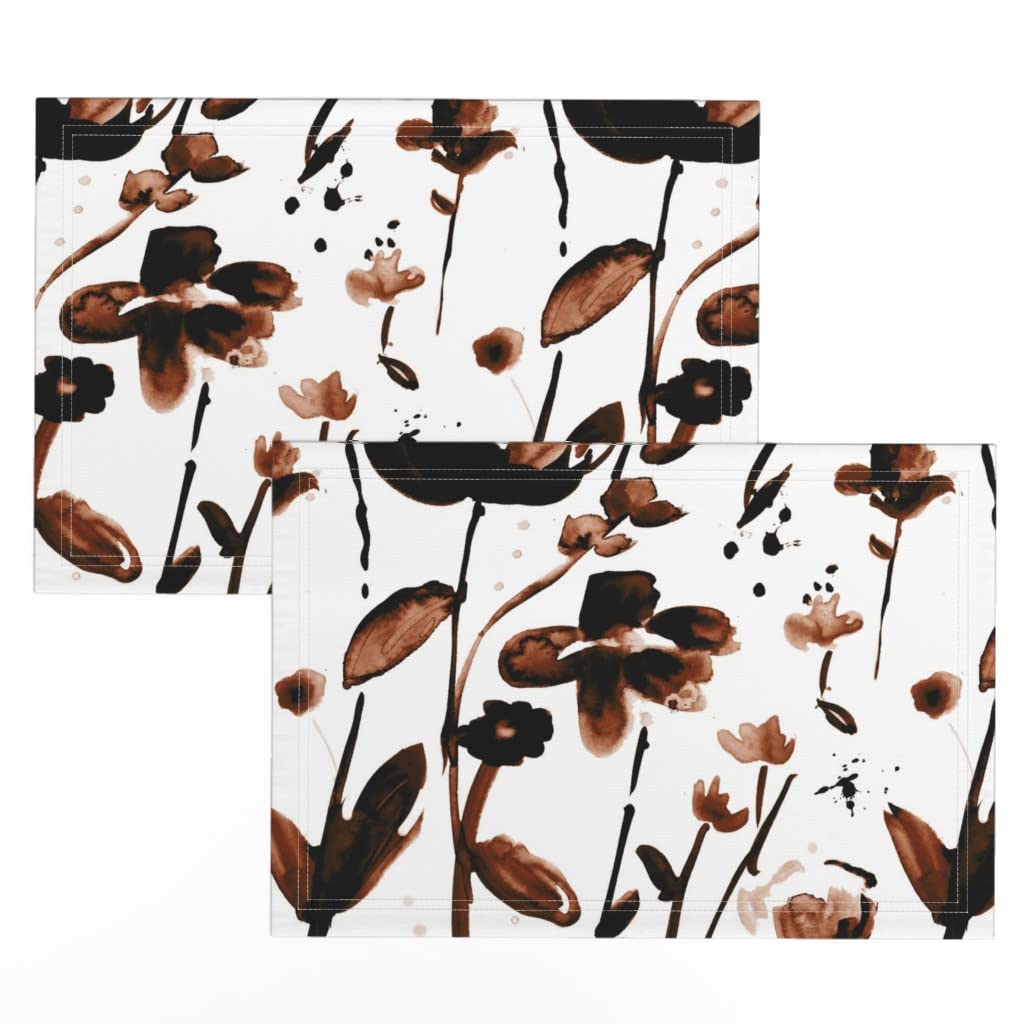 Linen Cotton Canvas Placemats Set of 2 - Watercolor Meadow Floral Garden Design, Nature Leaves & Wildflowers Printed Table Mats for Dining, Kitchen Decor, Party Table Setting, Home Decoration