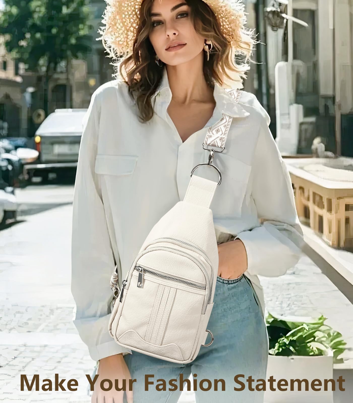 Women's Leather Crossbody Sling Bag - Fashionable Tote Belt Bag & Fanny Pack for Travel, Work & Daily Use (Beige)