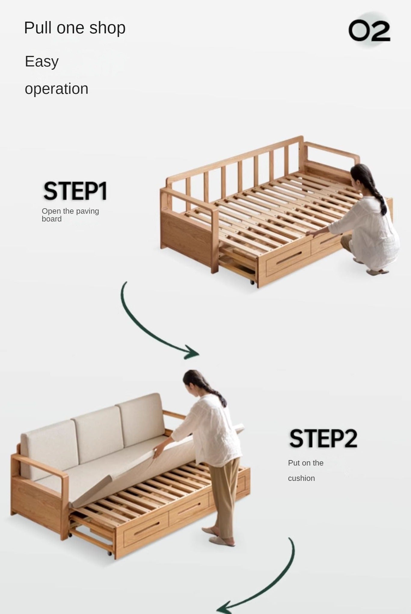Oak Solid Wood Folding Storage Sofa Bed - Convertible Guest Bed & Space-Saving Furniture for Small Apartments, Living Rooms & Dorm Rooms