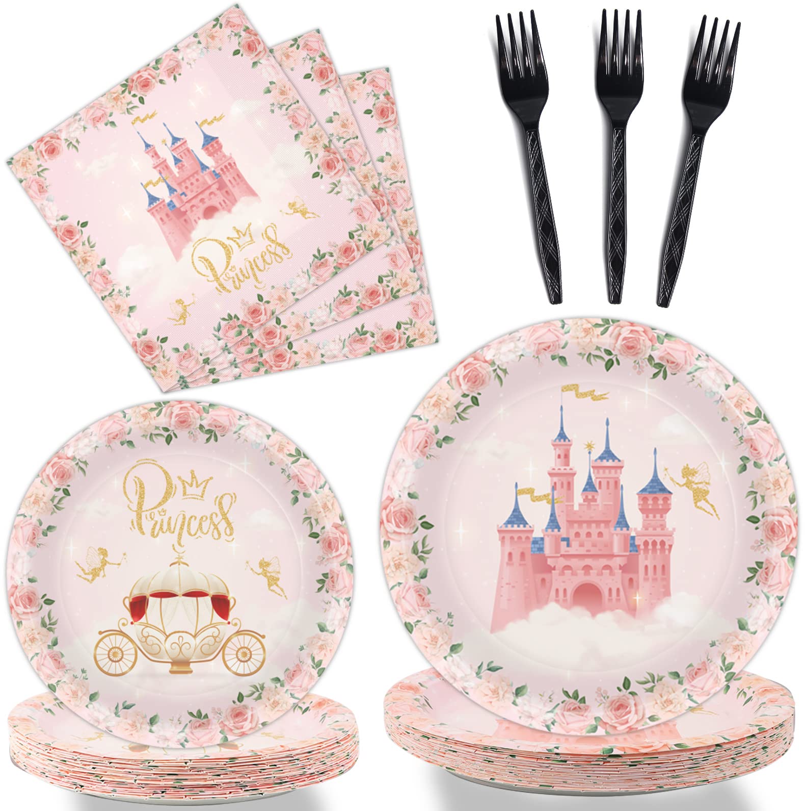96-Piece Pink Floral Princess Party Tableware Set - Includes Plates & Napkins for 24 Guests - Perfect for Girls Birthday Parties, Baby Showers & Princess-Themed Events