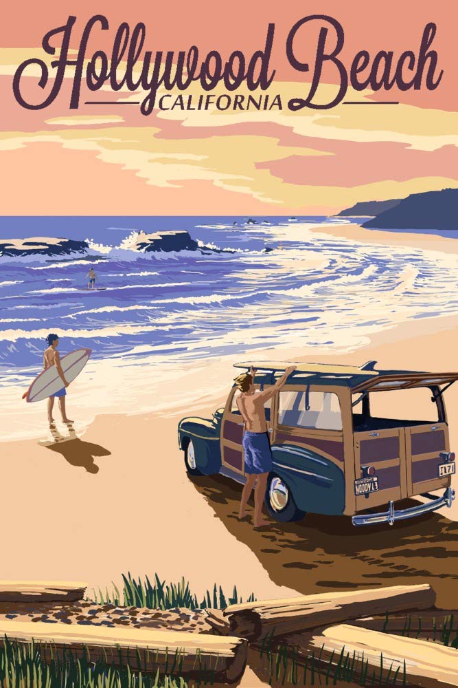 Signed Hollywood Beach California Art Print - 24x36 Woody and Surfer Wall Decor Poster - Perfect for Beach House, Surf Shop & Coastal Themed Room Decor